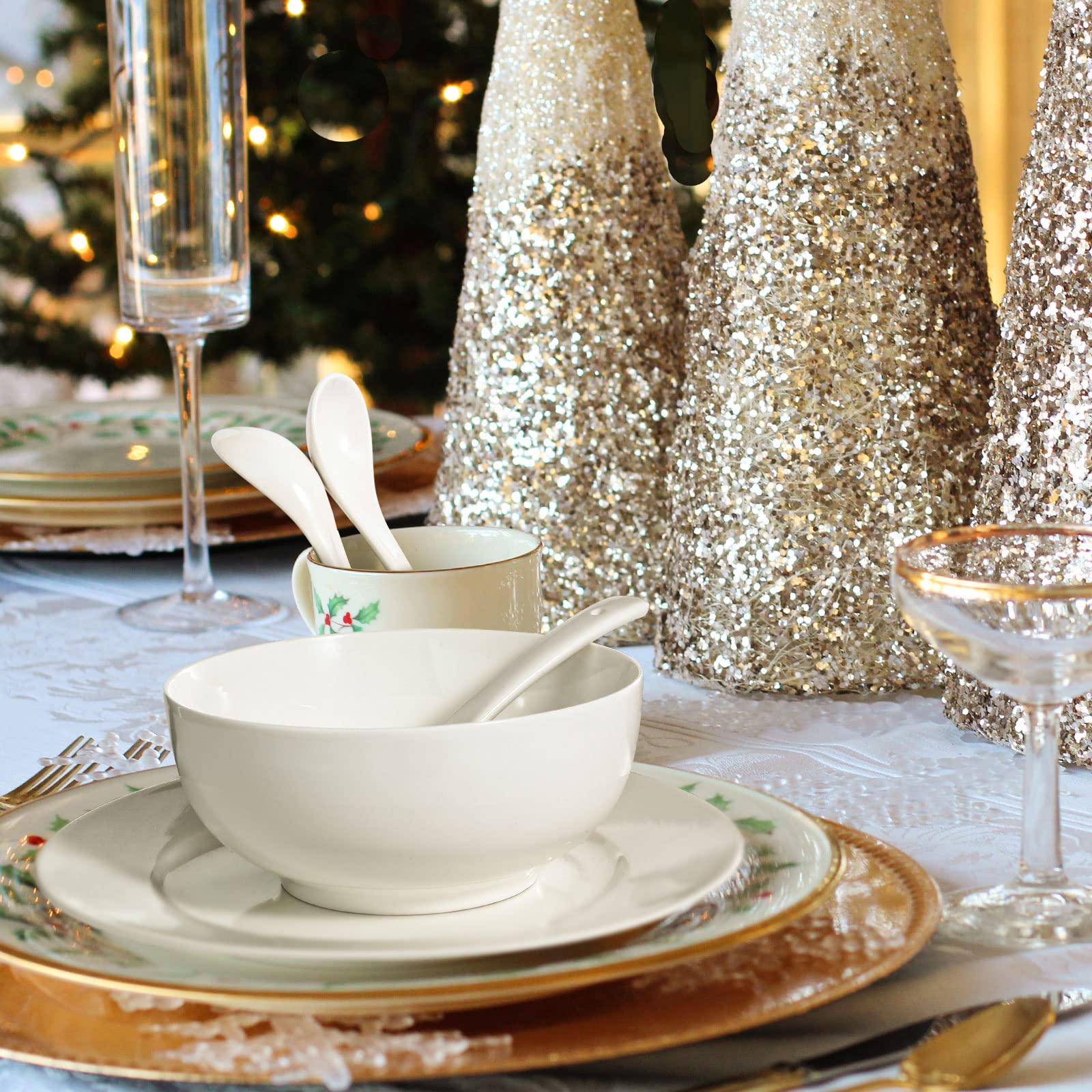 Artena Asian Soup Bowls With Spoons Set Of 4, 26 Oz Pasta, Ramen, Pho Bowls And Soup Spoons Set, Advanced Porcelain Elegant Whit