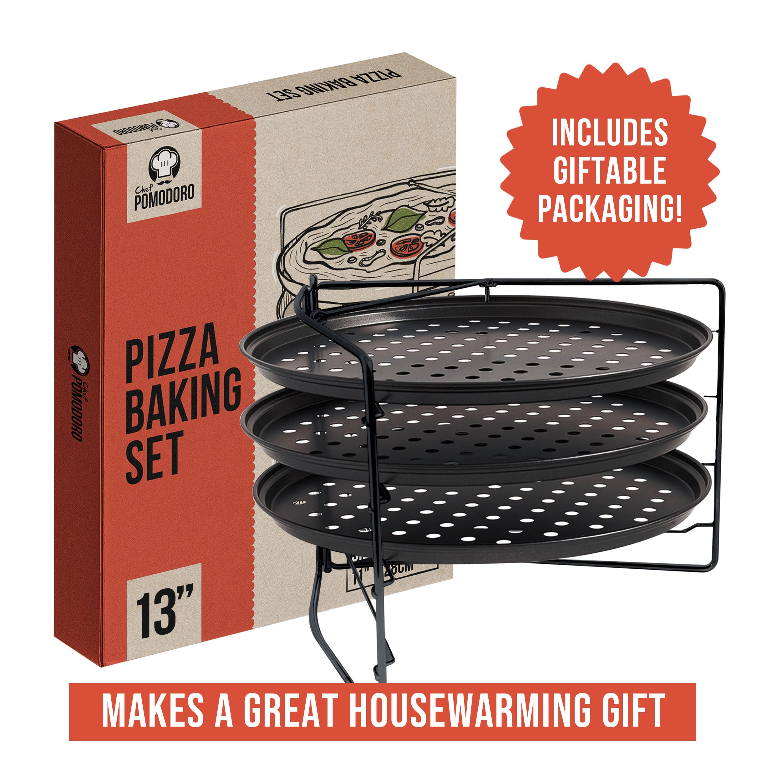 Chef Pomodoro Pizza Baking Set With 3 Pizza Pans & Pizza Rack, 13-Inch, Non-Stick Pizza Stand & Pizza Tray For Oven, Grill, Pizz