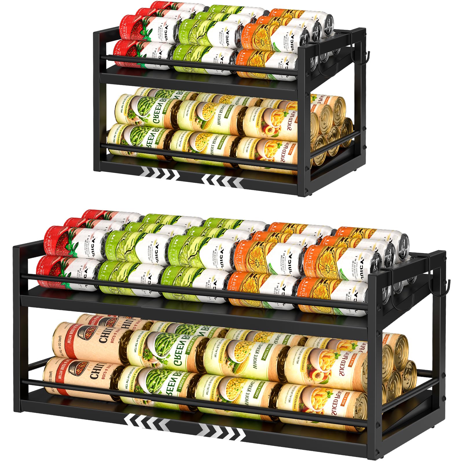 2Tier Expandable Canned Food Organizer Rack with 2 Hooks, Metal Canned Goods Storage Holder, Space Saving Can Storage Organizer