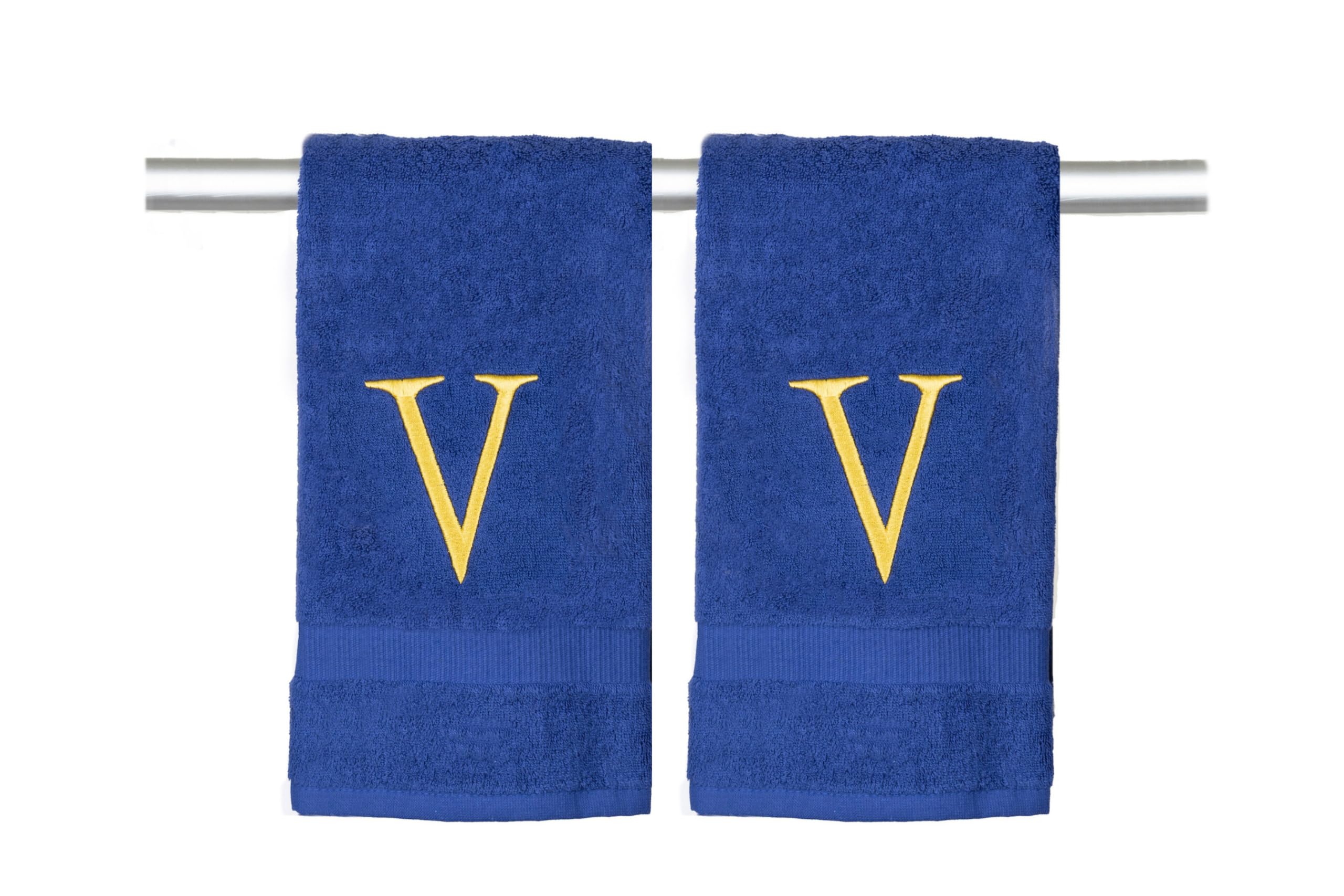Navy Initial Hand Towel For Bathroom - Monogrammed Luxury Hotel Quality Decorative Embroidered Towel For Powder Room, Spa - Gots