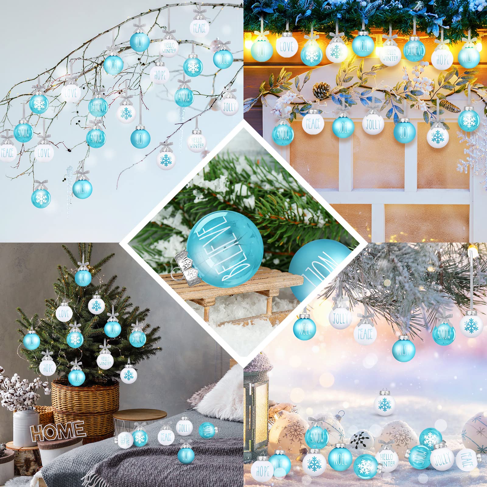 Jetec 12 Pcs Christmas Ball Ornaments for Tree 2.4 Inch Blue and White Christmas Snowflake Tree Decorations Plastic Shatterproof