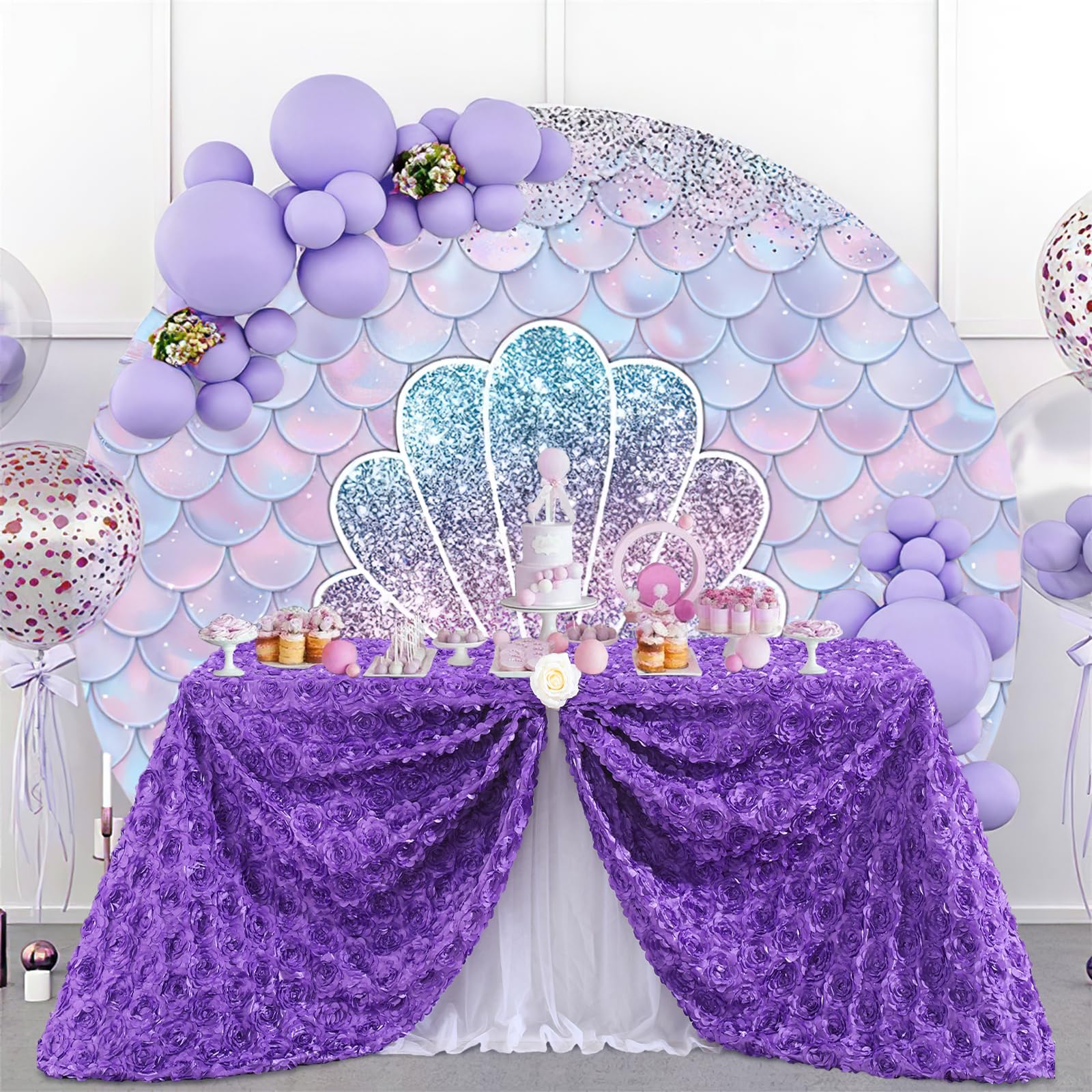 Fanqisi Purple Tablecloth 90X156 Inches Rosette Satin Tablecloth Birthday Party Table Cover Bridal Shower Table Decor Halloween