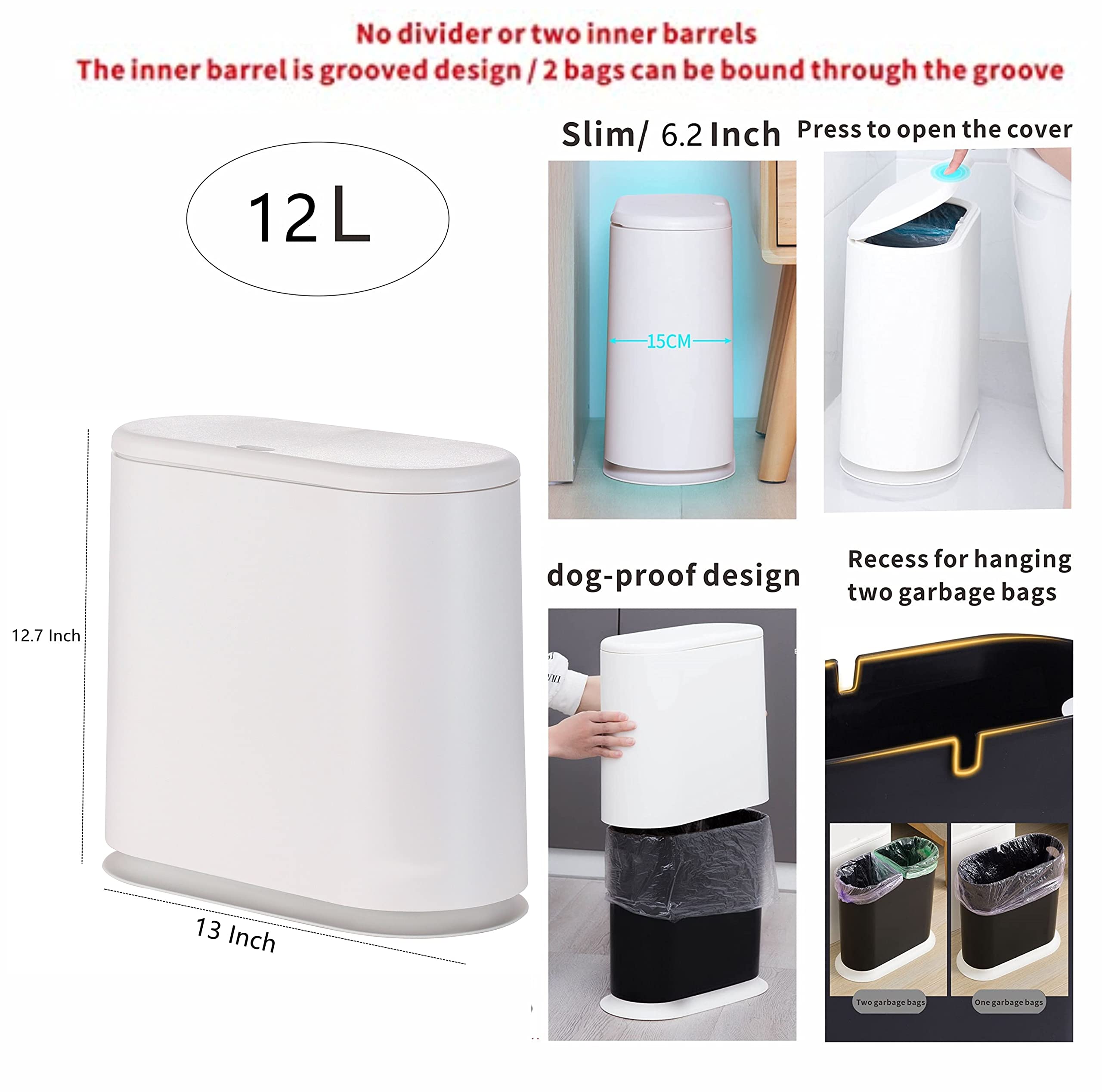 12 Liter Plastic Trash Can With Press Top Lid For Bathroom White Narrow Dog Proof Garbage Can,3.17 Gallon Toilet Waste Basket An