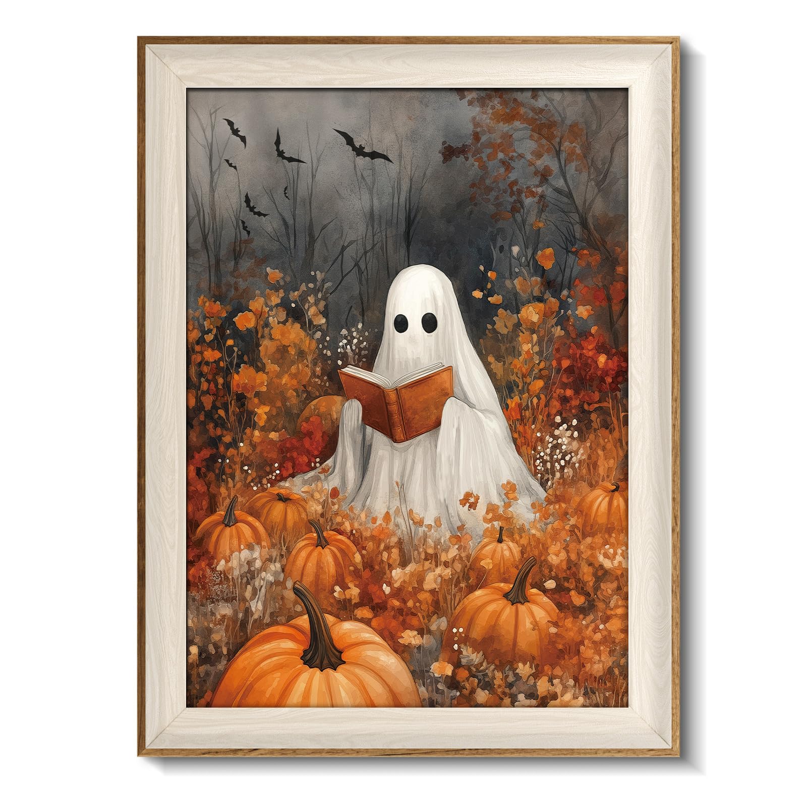 VIYYIEA Framed Wall Art for Living Room, Reading Ghost Canvas Prints, Autumn Home Decor, Halloween Painting Picture, Bathroom Wa