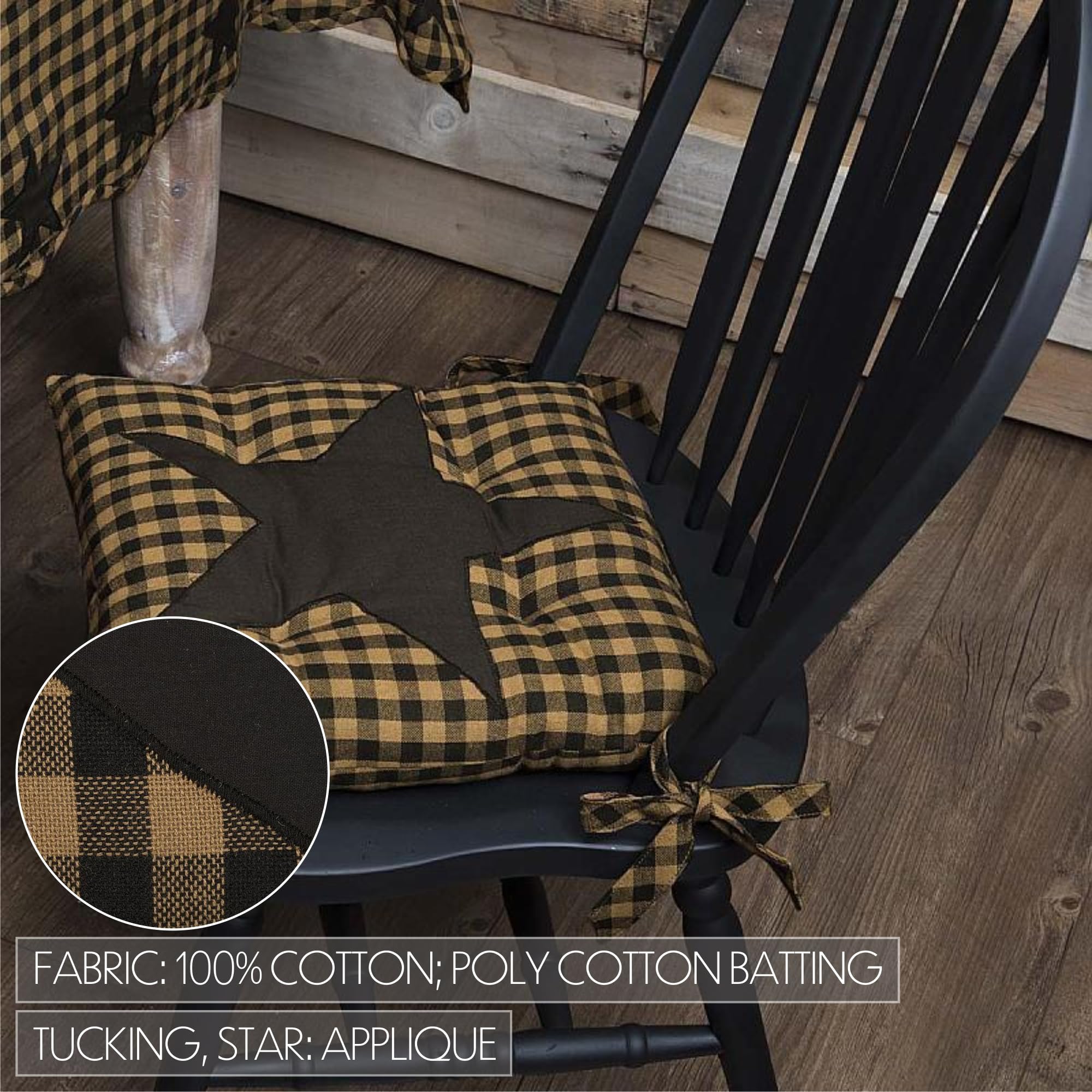 Vhc Brands, Black Star, Cotton, 15X15, Chair Pad, Black