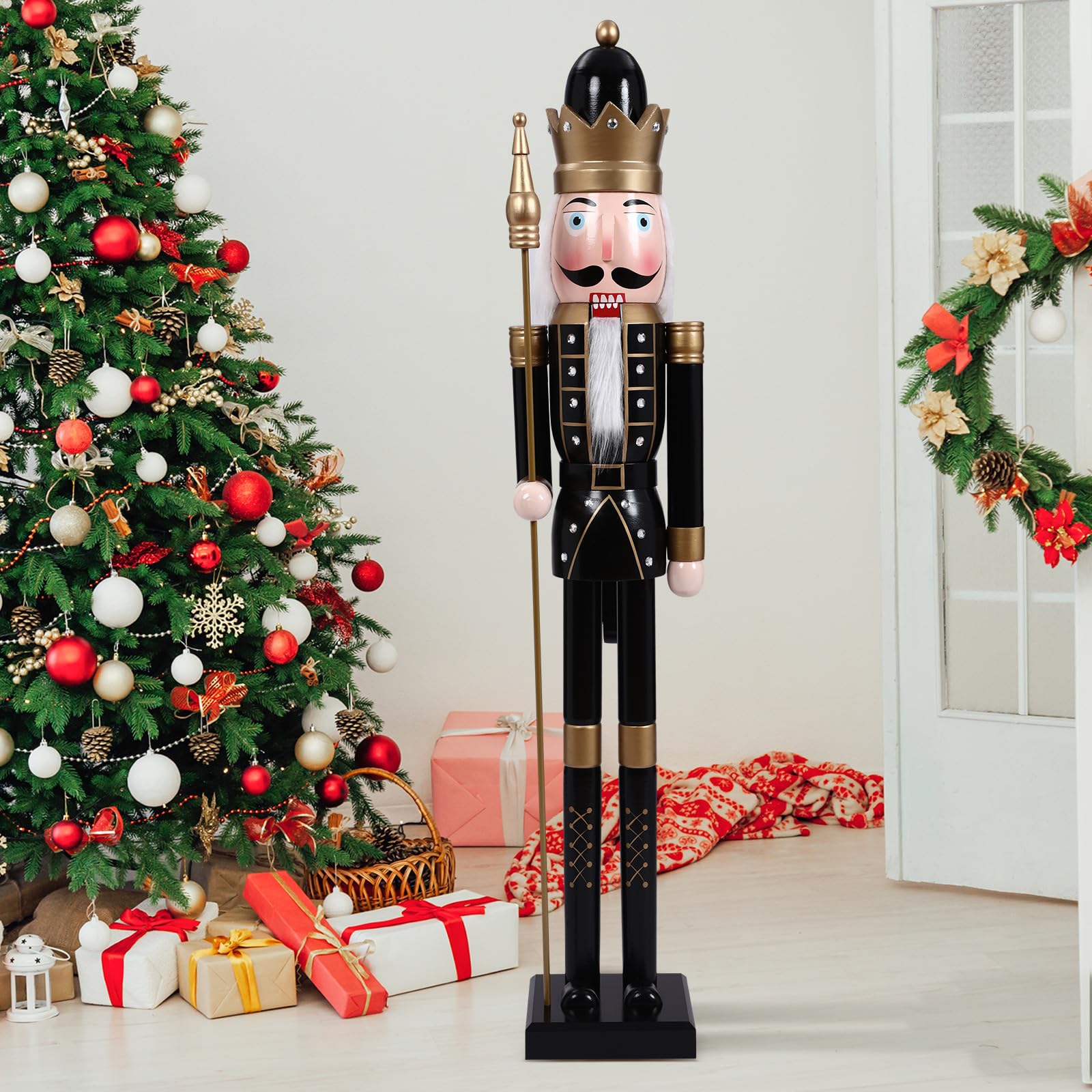 Liliful 48 Inch 4 ft Tall Life Size Christmas Nutcracker Giant Wooden Nutcracker Statue with Golden Scepter for Indoor Outdoor X