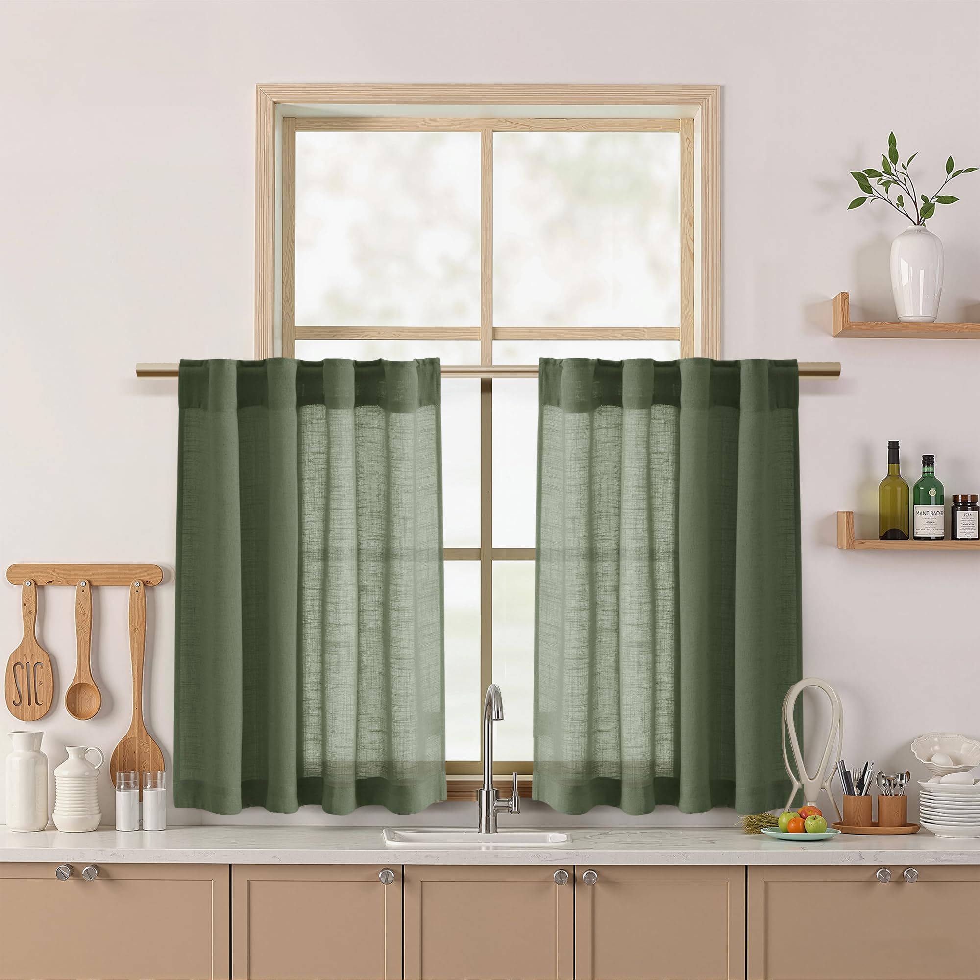 Nanspring Semi Sheer Short Linen Curtains 36 Inch Length for Kitchen Olive Green Light Filtering Panels Back Tab and Rod Pocket 