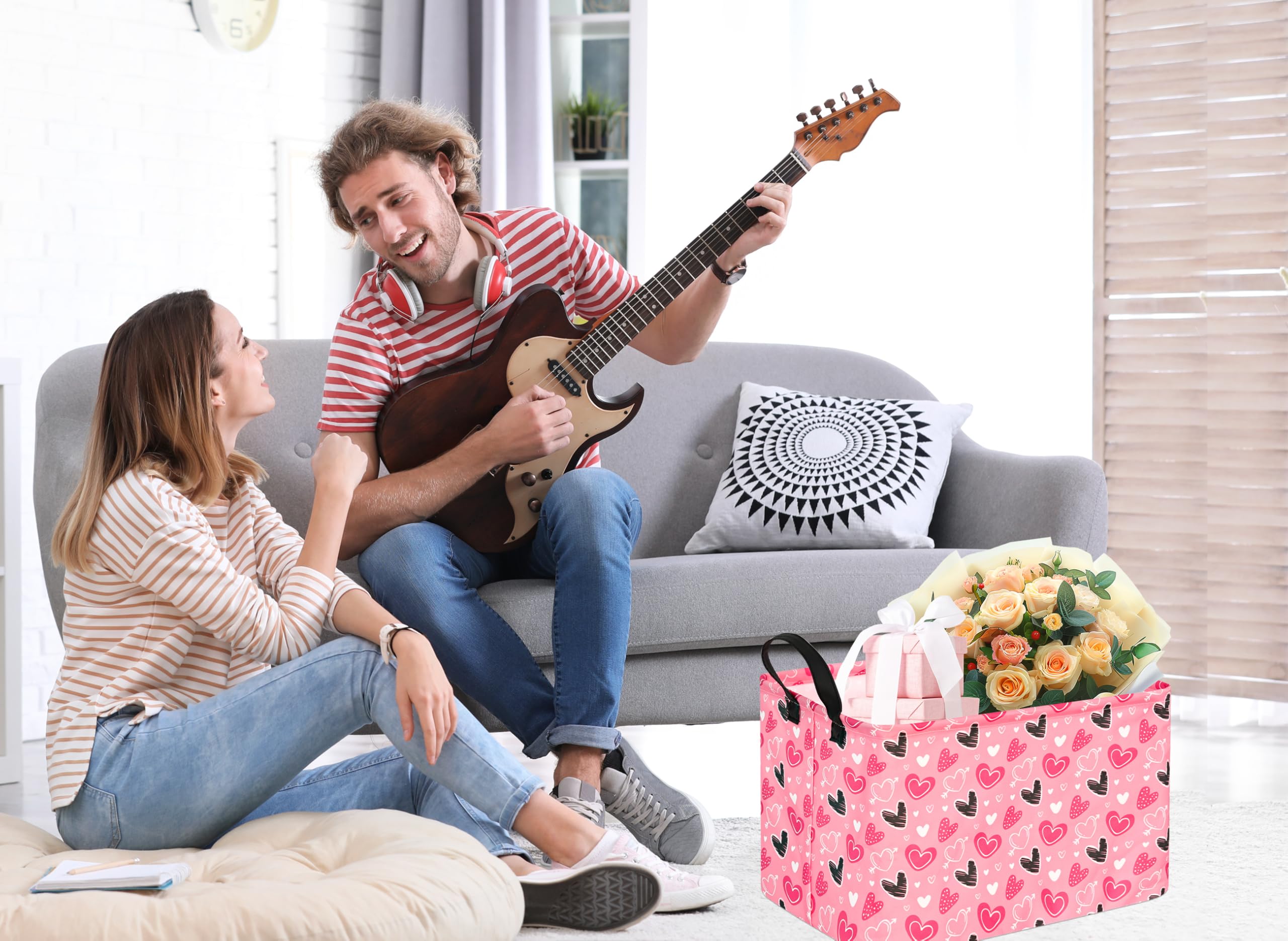 KUNRO Rectang Heart Valentine s Storage Basket Gift Shelf Basket Baby Storage Bin, Kids Toy Basket Organizer Box for With Handle