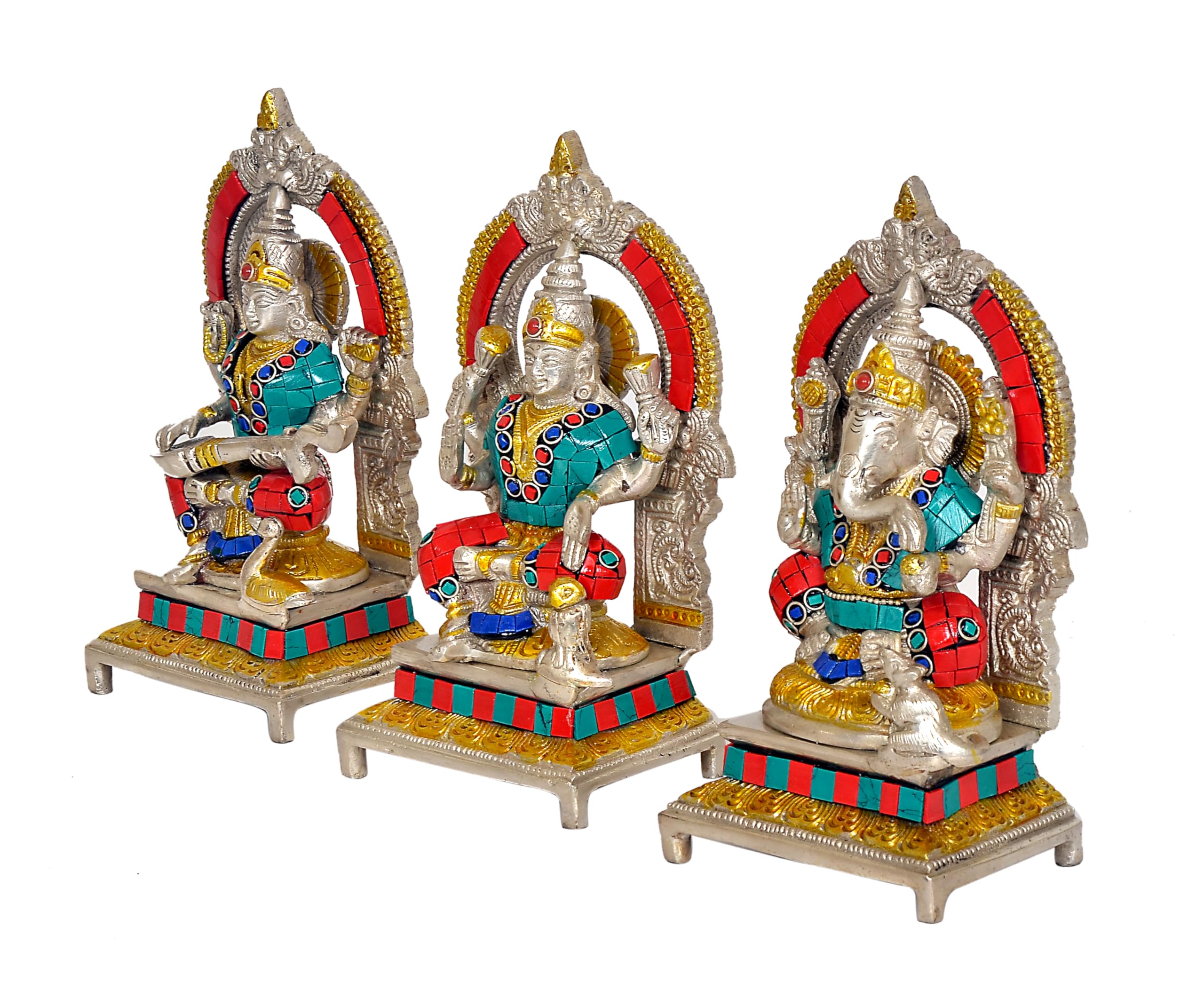 Aona Lord Ganesh Maa Lakshmi And Maa Saraswati Brass Idol Sculpture Murti Statue Silver Height 7 Inches