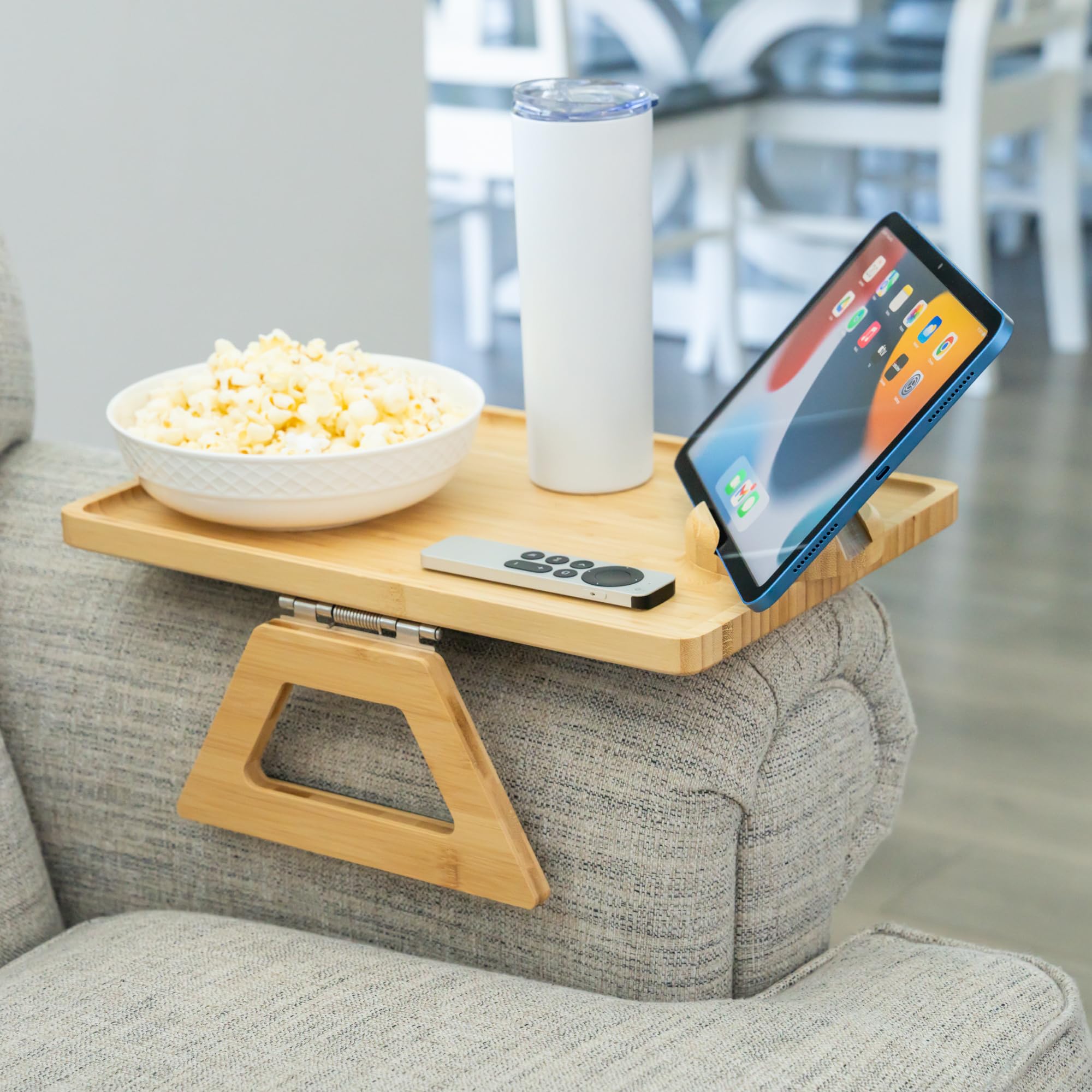 Shamrock Home Bamboo Couch Arm Table with Device Holder, Clip On Tray. for TV Dinners, Remotes, Drinks, Snacks and Small Spaces 