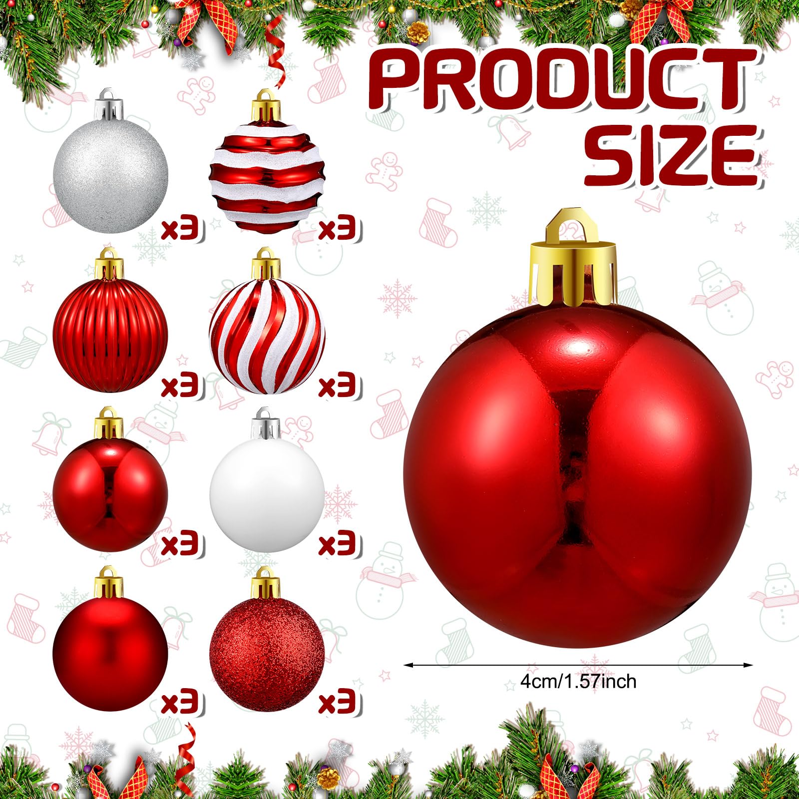 Motionchic 24 Pcs Christmas Ball Ornaments Hanging Glitter Shatterproof Mini Candy Balls Red White Plastic Christmas Tree Decora