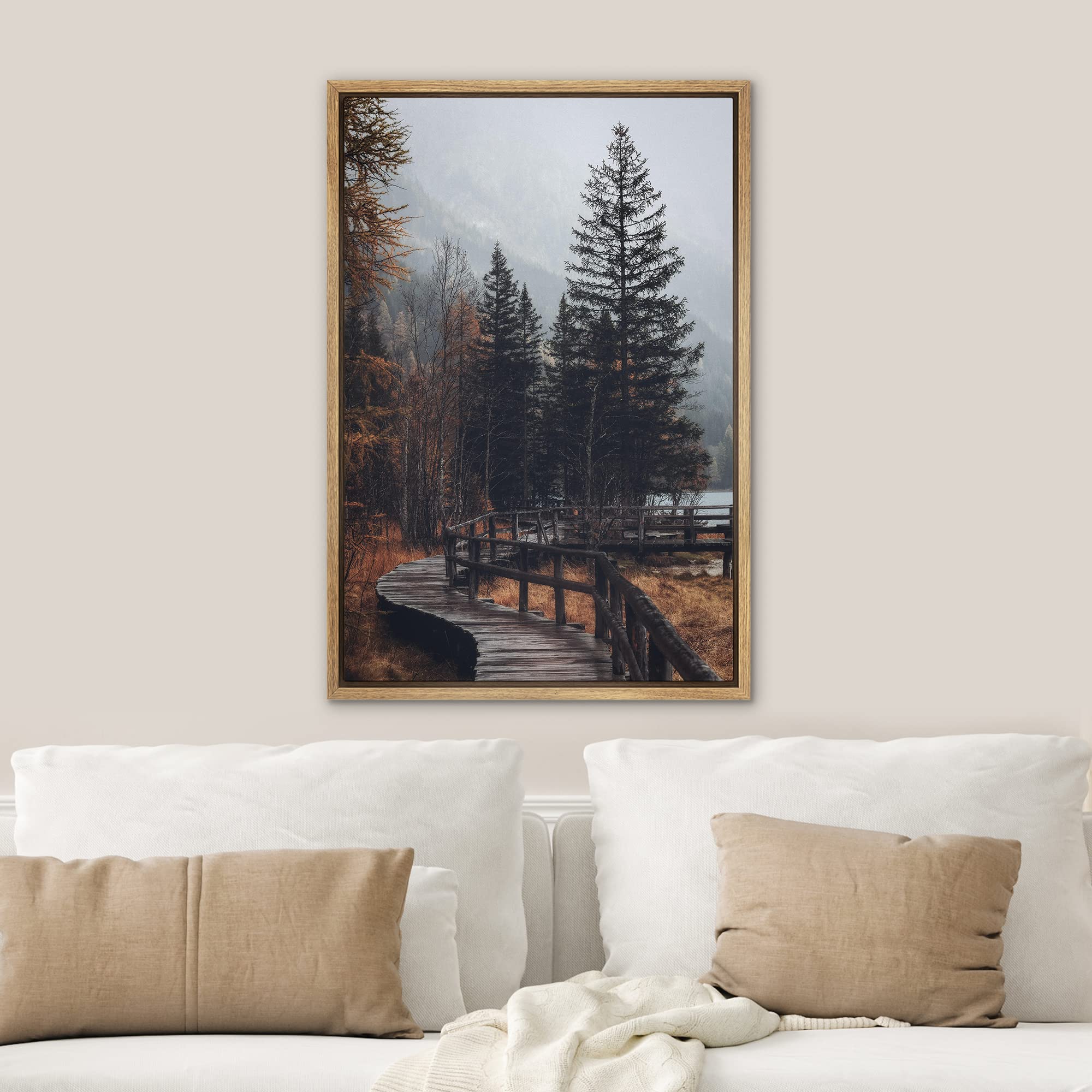 Signwin Framed Canvas Wall Art Autumn Dramatic Forest Landscape Living Room Orange Photography Rustic - 16''X24'' Natural