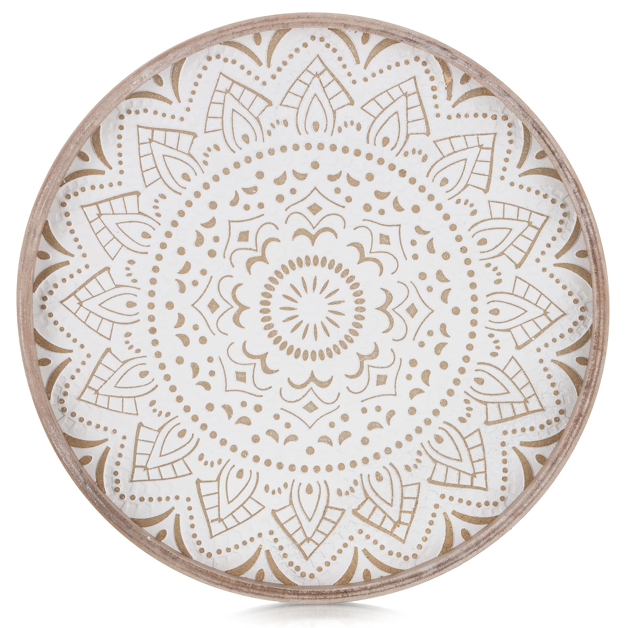 Hanobe Round Decorative Coffee Tray: Rustic Table Tray Decor Farmhouse Centerpiece Wood Circle Tray Floral Serving Trays for Kitchen Counter Boho Ottoman Tray for Home  Brown