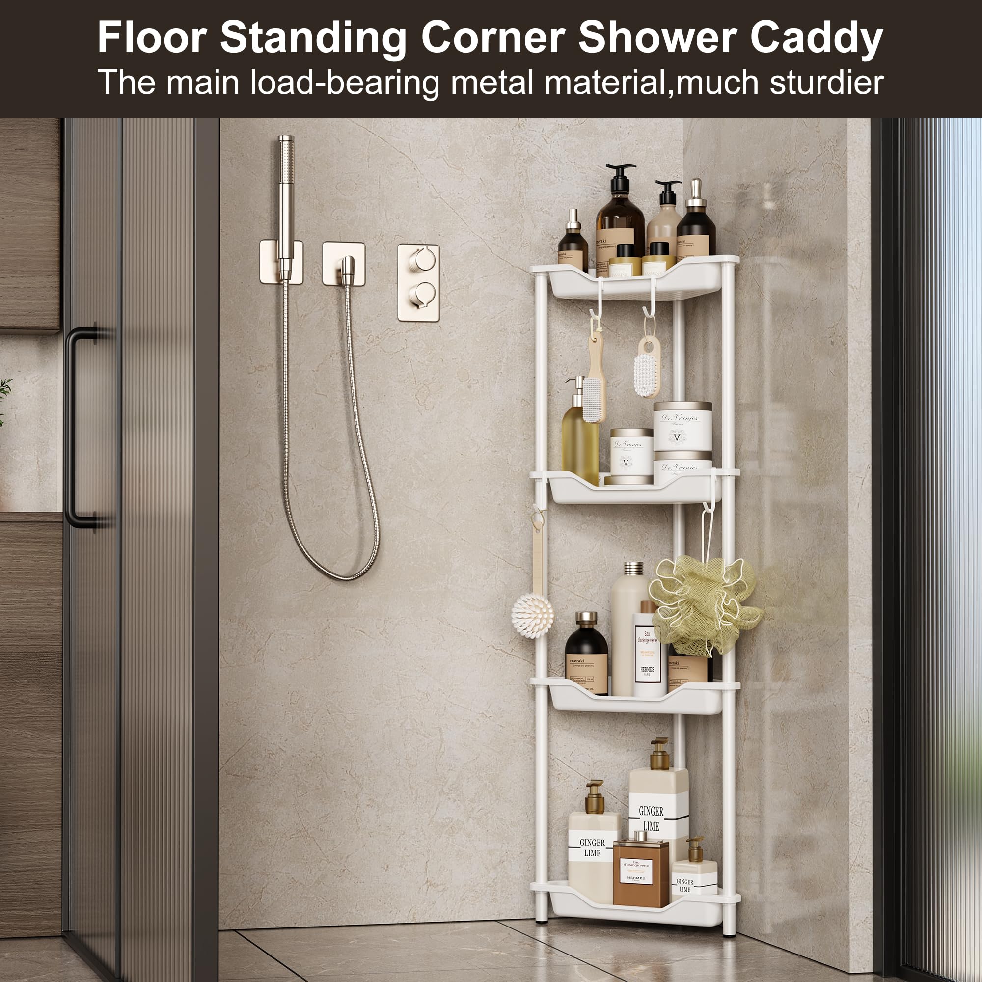 Orimade Rustproof 4 Tier Floor Standing Corner Shower Caddy Organizer, Plastic Metal Splicing Floor Corner Shelf Rack Stands For