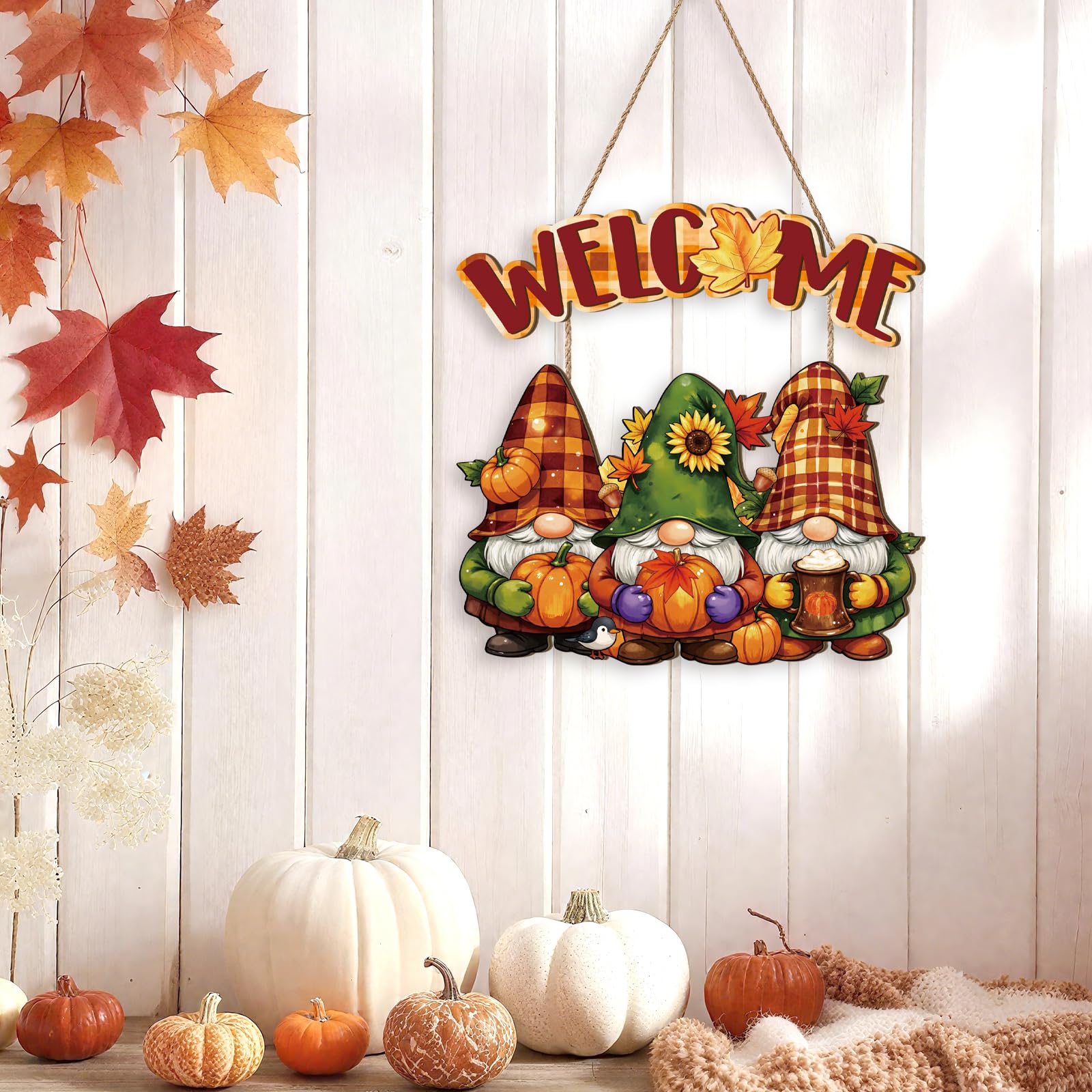 Aurlan Fall Welcome Door Sign,Hello Autumn Gnome Wooden Sign,Rustic Pumpkin Wood Wall Sign,Fall Gnome Wall Decor,Autumn Maple Le