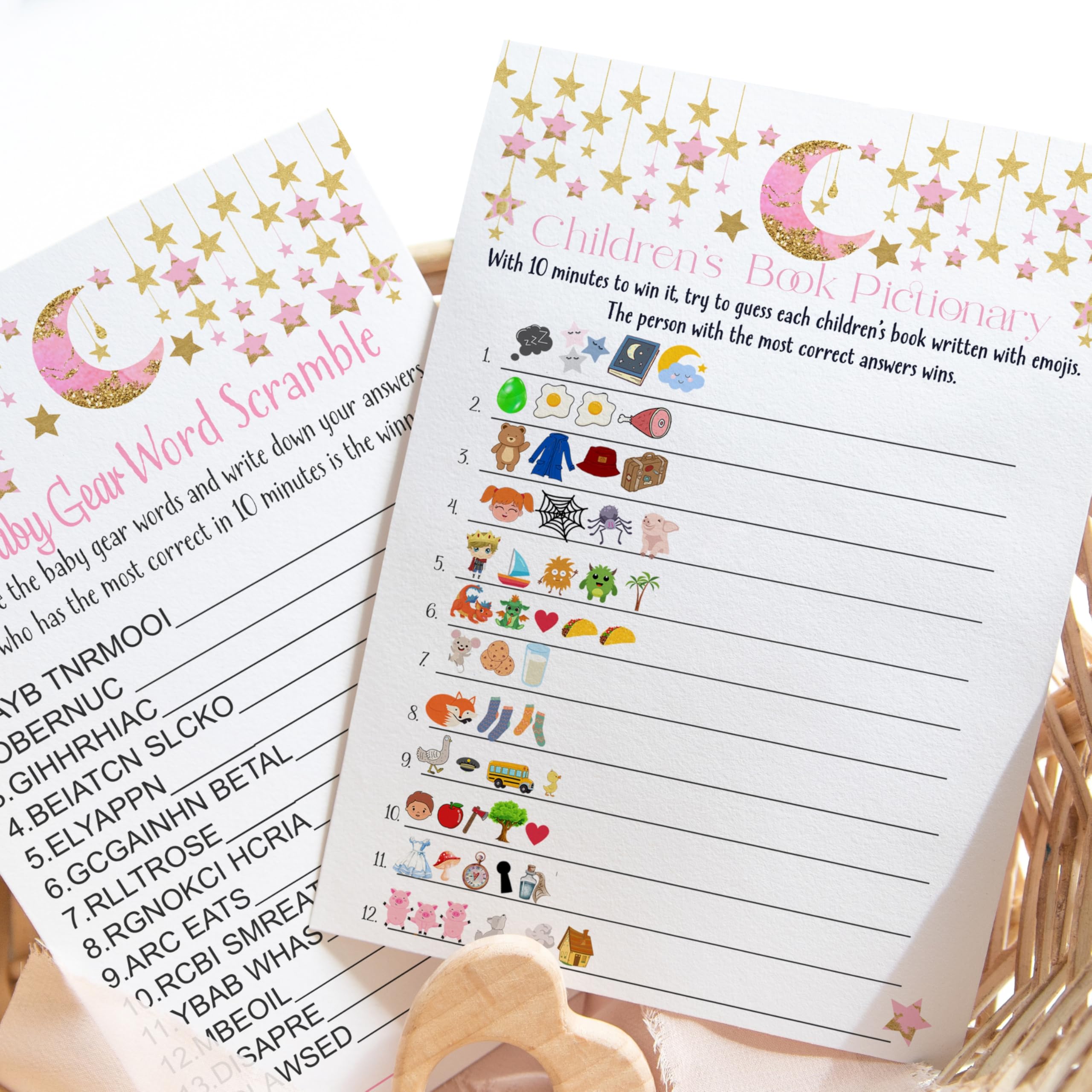 Paper Clever Party Twinkle Little Star Baby Shower Games For Girls - 25 Activities - Storybook Pictionary & Word Scramble - Pink