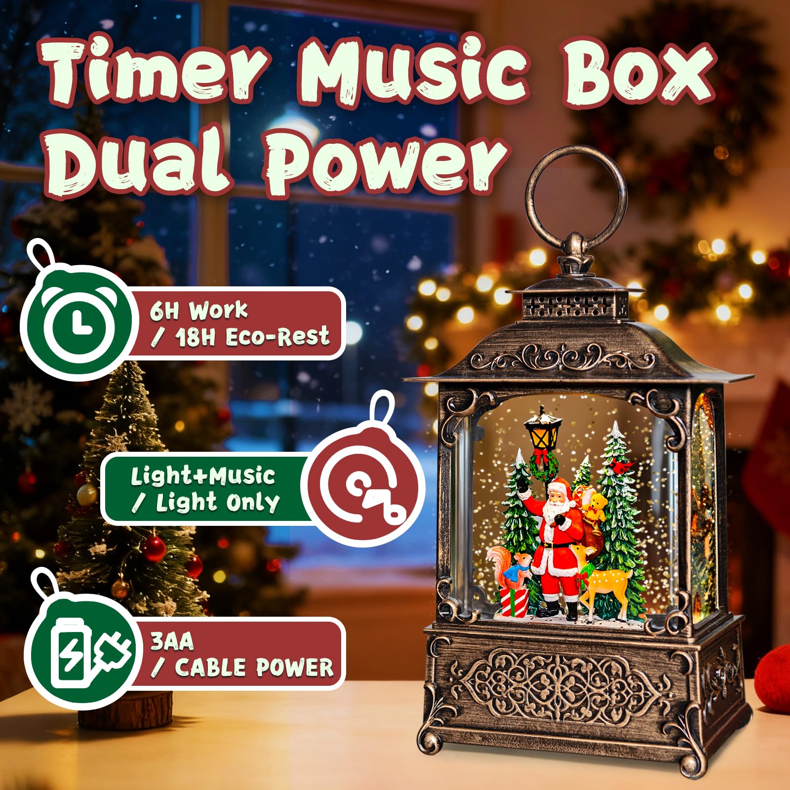 Christmas Snow Globes Lantern, Santa Claus Squirrel & Deer Christmas Decorations Indoor, 6H Timer Battery & USB Powered Light Up