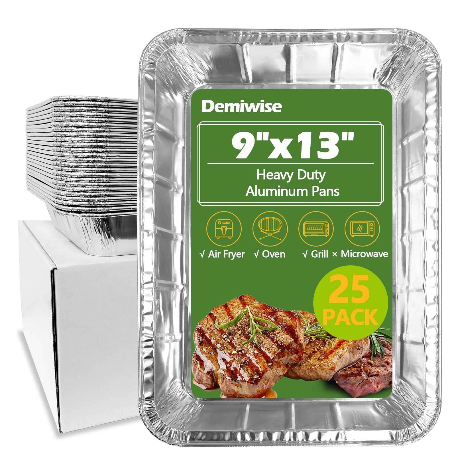 Demiwise Thickened 25 Pack Aluminum Pans, 13X9 Aluminum Foil Pans Disposable, Heavy Duty Half Size Steam Table Foil Baking Tray 