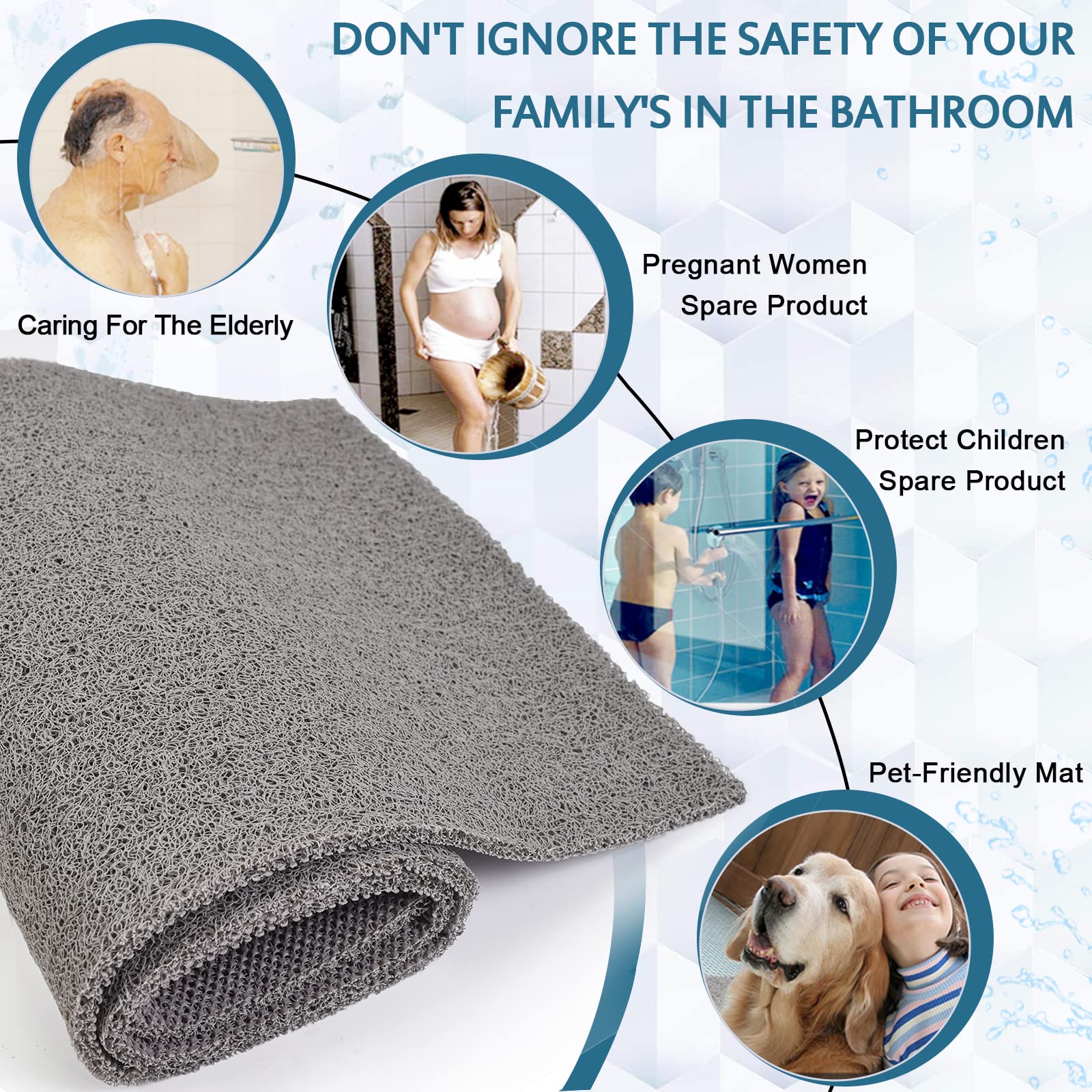 Extra Long Shower Mats Non Slip, 17.1  59 Inch, Bath Mat For Shower, Loofah Mats For Shower And Bathroom, Quick Drying, Grey