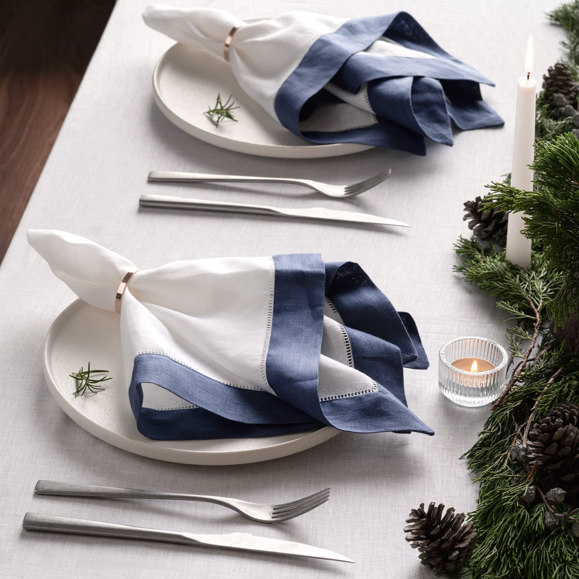O'lucio Authentique Home Linen Napkins Set of 4 - 20" x 20" White and Navy Blue Hemstitch Washable Cloth for Spring Decor