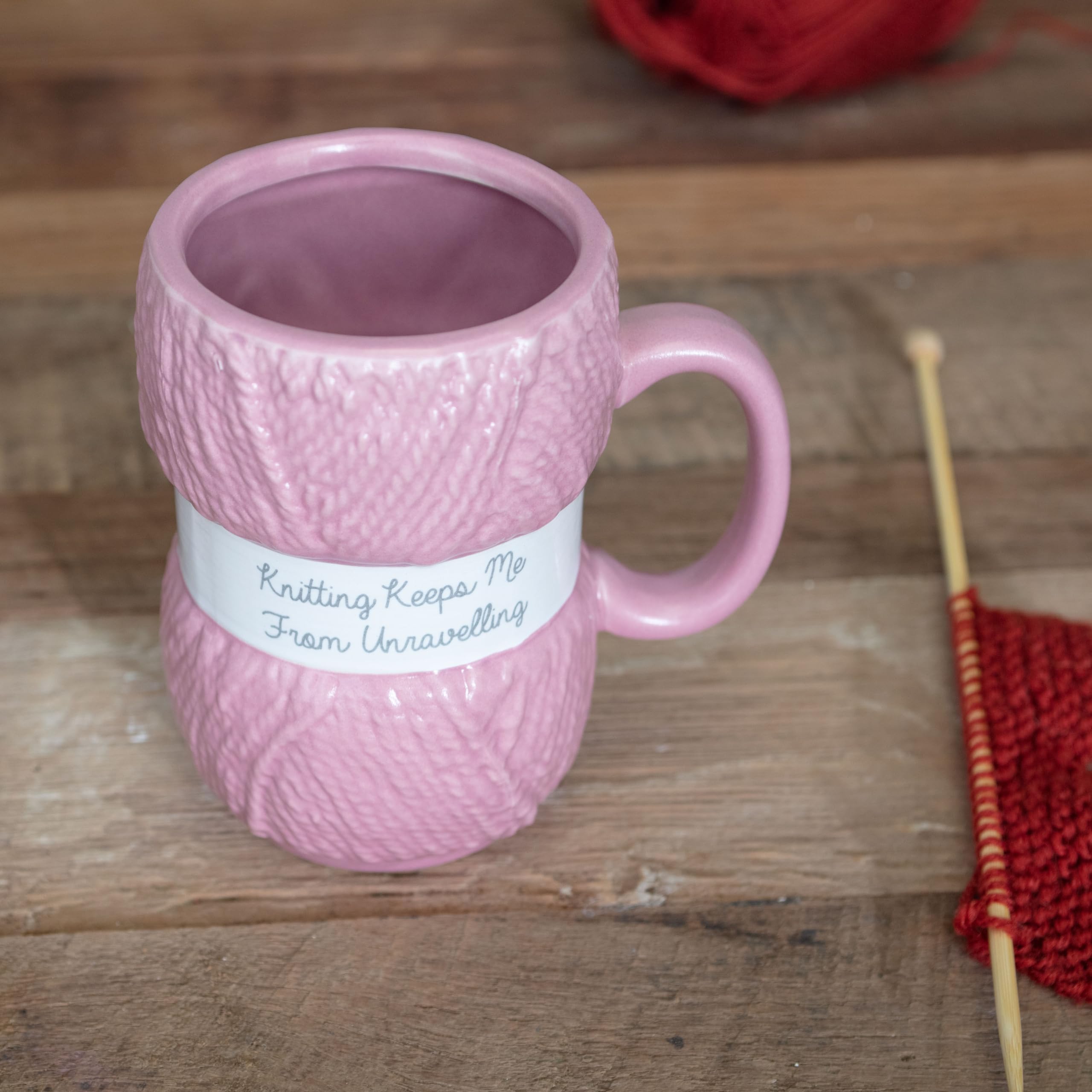 Boxer Gifts 'Knitting Keeps Me From Unraveling' Novelty Knitting Gift Mug | Light Pink Colour With Realistic Yarn Detailing | Am