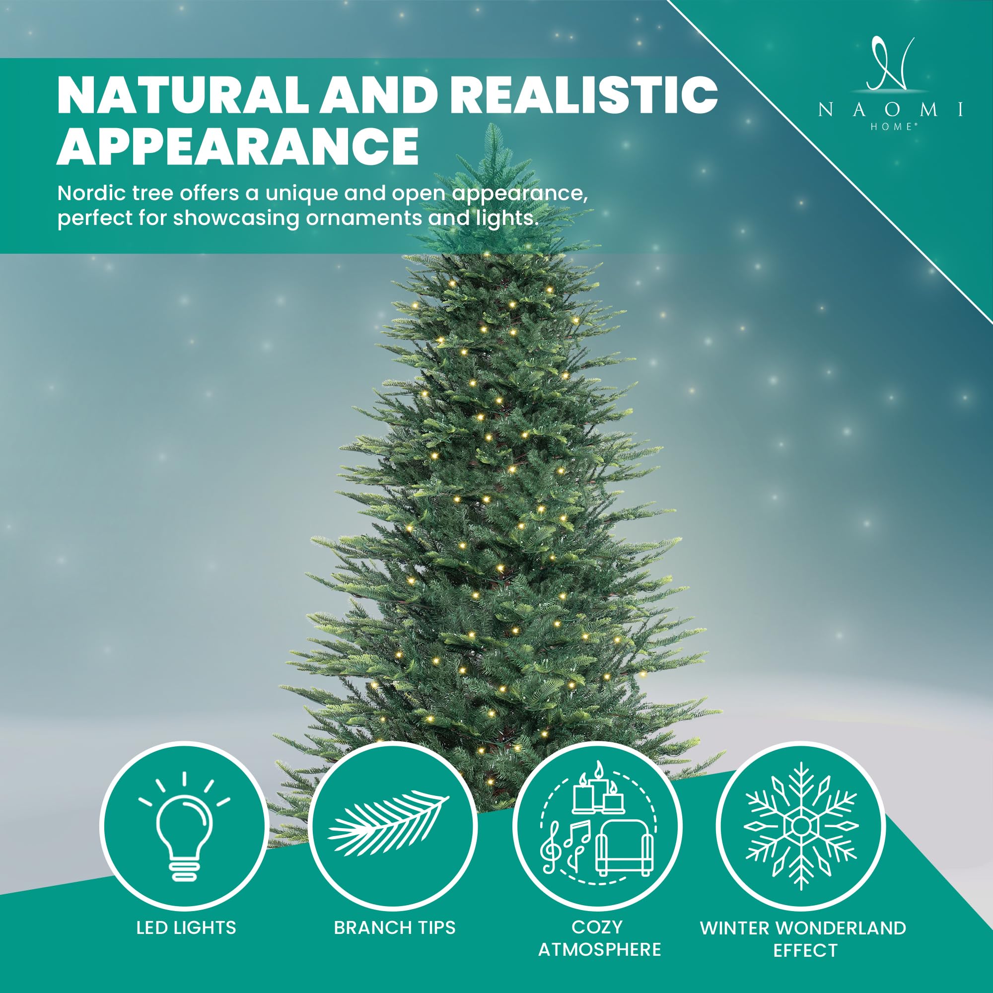 Naomi Home Lujan 9ft Prelit Aritificial Christmas Tree with 2106 Branch Tips, 1100 Warm Lights and Metal Stand, 61 Wide Realisti