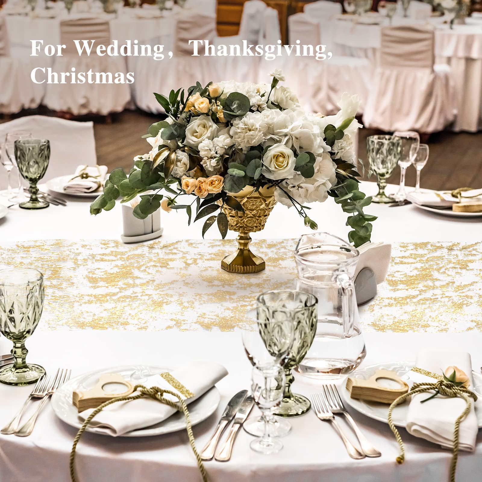 Ohanniewa Gold Table Runner 11 Inch X 16 Feet Glitter Metallic Gold Mesh Table Runner Roll Table Decorations For Wedding, Birthd