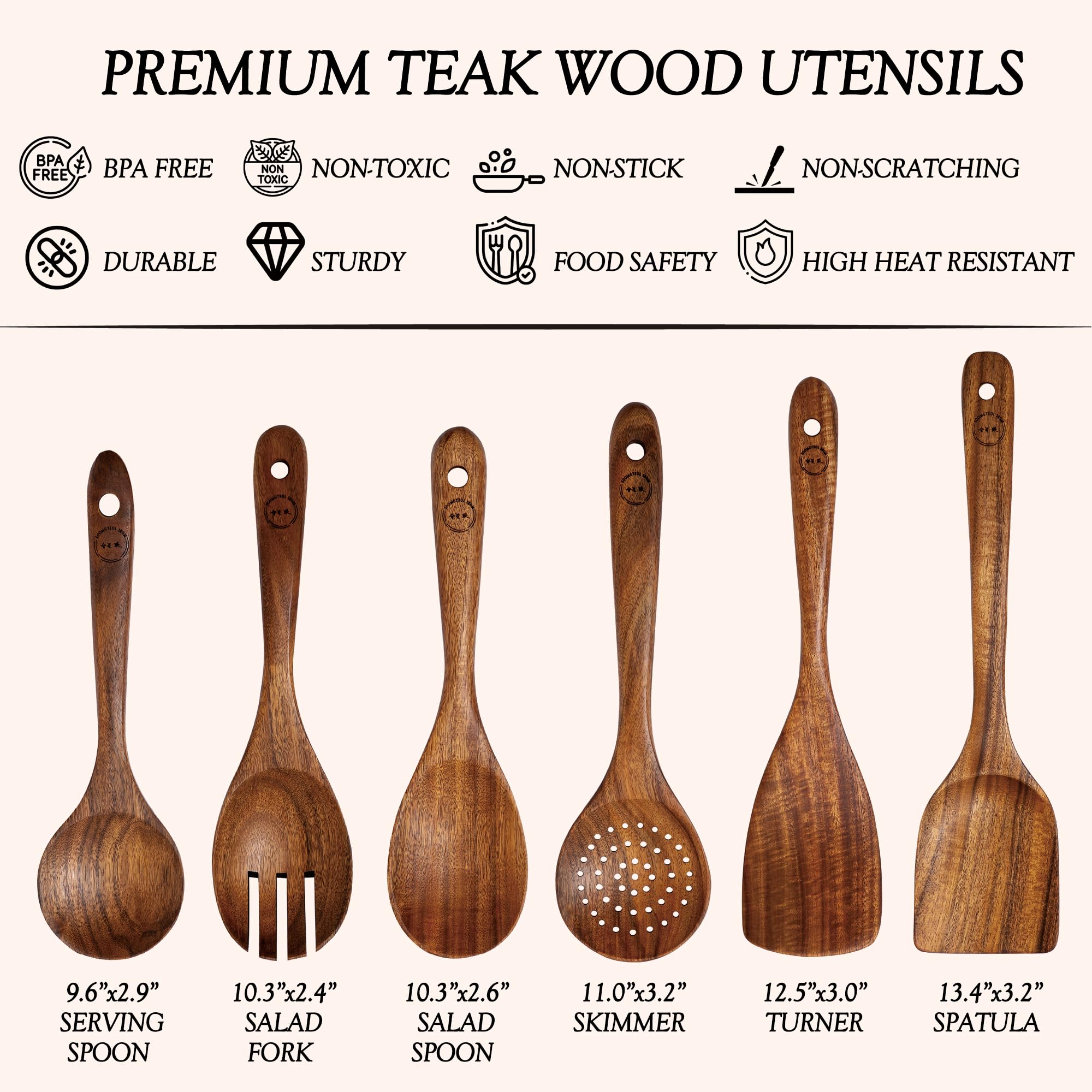 Wooden Spoons For Cooking - 6 Pcs Teak Wood Cookware Utensil Set With Smooth Finish - Non-Stick, Comfortable Grip - Durable, Hea