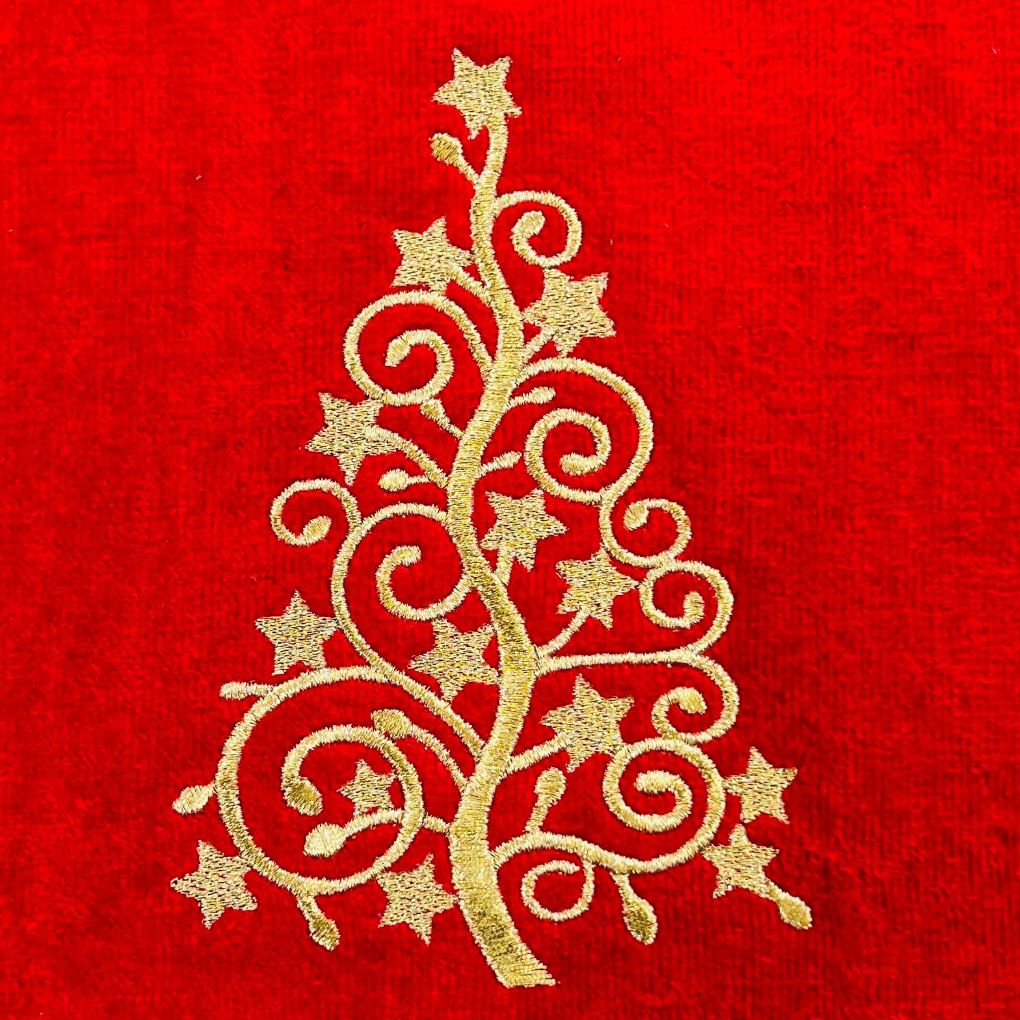Serafina Home Holiday Christmas Bath Hand Towels, Embroidered Gold Xmas Tree On Red, 2 Piece Set, 16 X 25 Inches, 100% Cotton