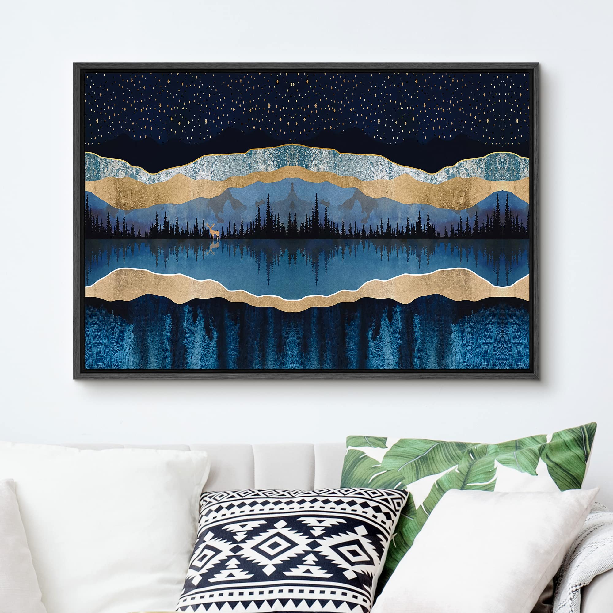 Signford Framed Canvas Print Wall Art Woodland Nursery Decor Blue Marble Mountains & Forest Reflection Abstract Wilderness Moder