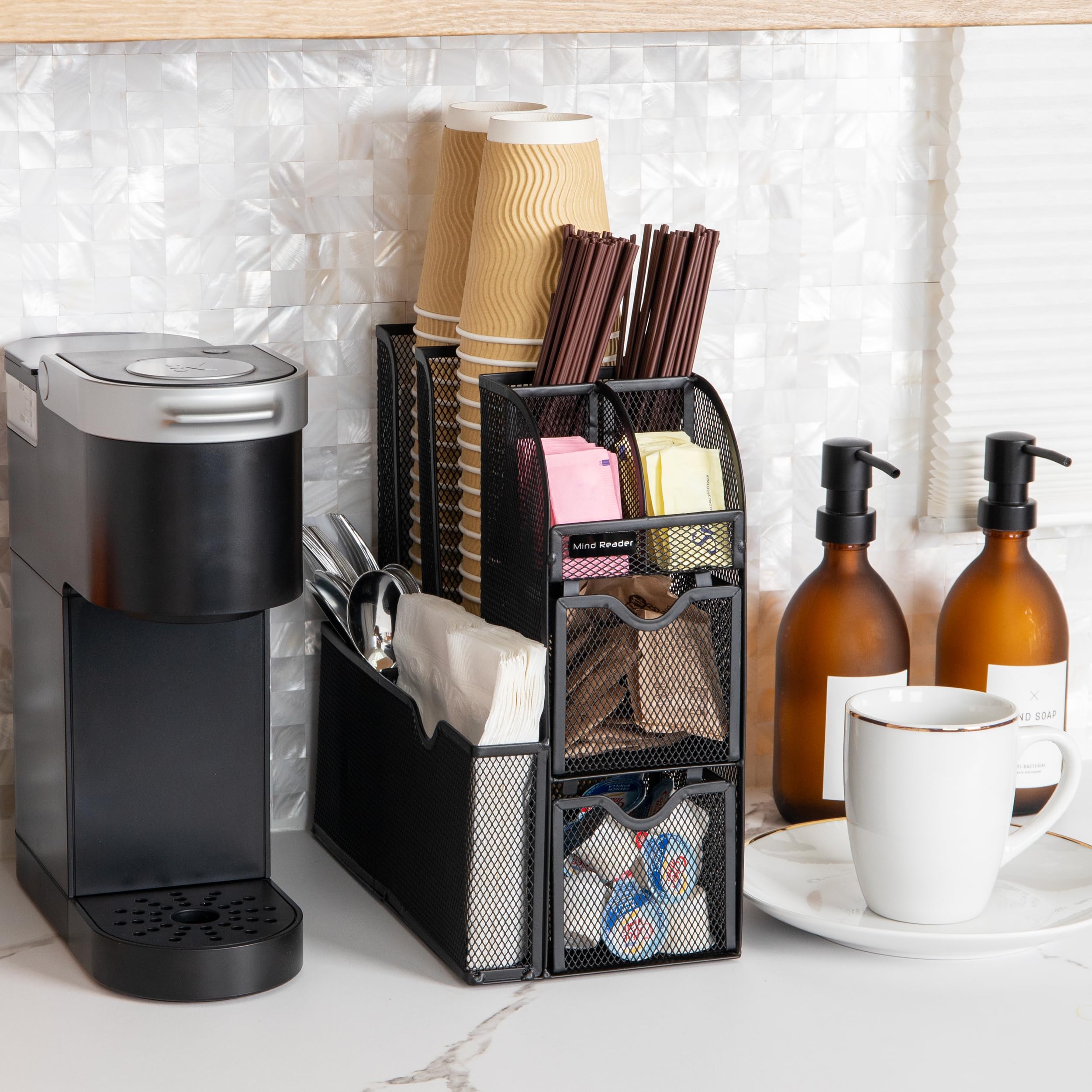 Mind Reader Cup And Condiment Station, Countertop Organizer, Coffee Bar, Kitchen, Metal Mesh, 5.75'' L X 11'' W X 11.5'' H, Blac
