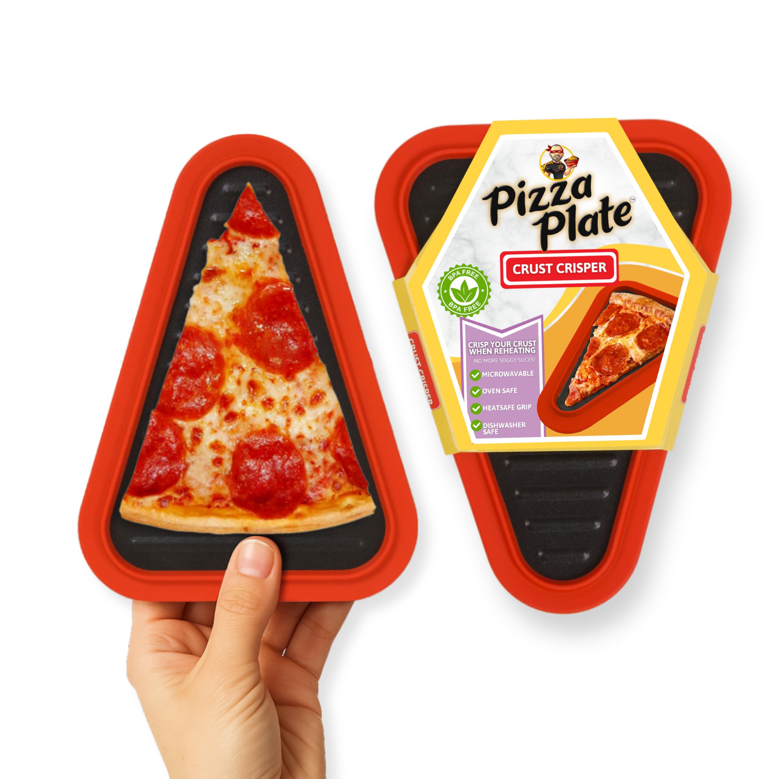 PIZZA PACK Pizza Plate - Reheating Tray for Crispy Pizza Leftovers - Microwave & Oven Safe Metal Plate with Silicone Edge - Reus