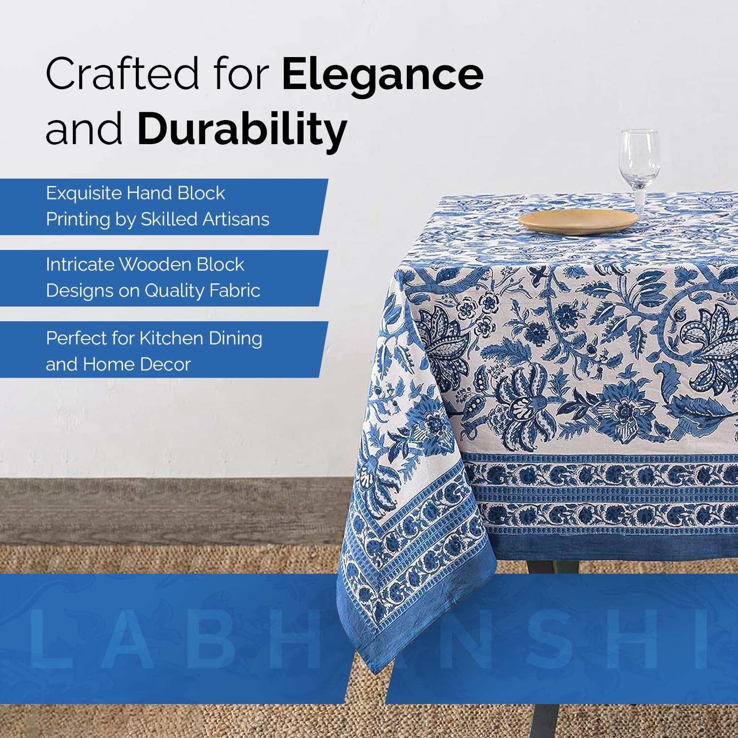 Labhanshi Indian Block Print Table Cloth|Jaipur Rectangle Floral Cotton Table Cover 60X90 Inch 6-Seater Spring Easter Kitchen Di