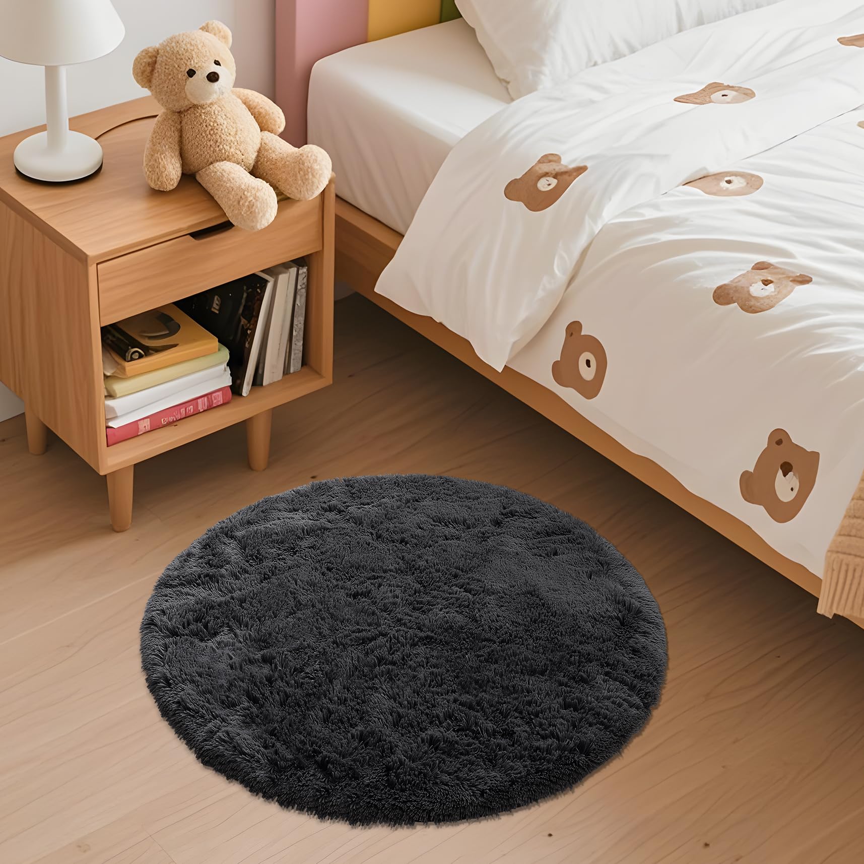 OLANLY Black Round Rugs for Bedroom - Machine Washable, 2 ft Circle Area Rugs for Living Room, Soft and Fluffy Shaggy Carpet for
