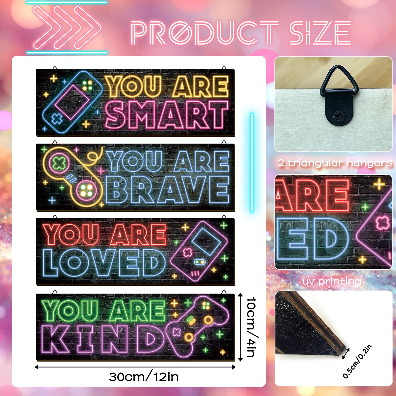 4 Pieces Neon Gaming Decor For Boys Room Wooden Video Game Wall Art Print 11.8 X 3 Inch Motivational Quote Gamer Hanging Plaques