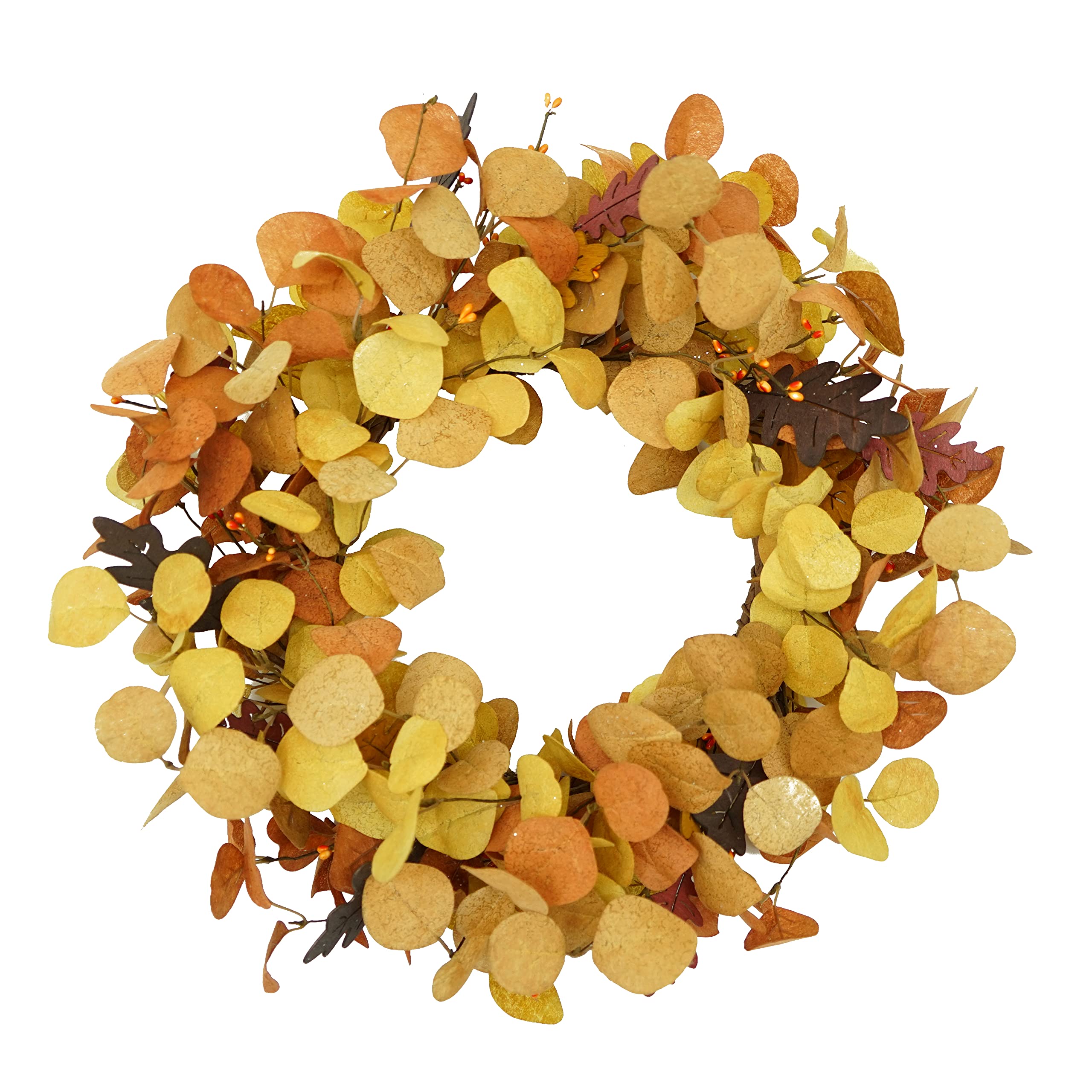 AMF0RESJ Artificial Fall Wreath for Front Door Autumn Eucalyptus Wreath with Orange Eucalyptus Leaves,Woodern Oak Leaves for Far