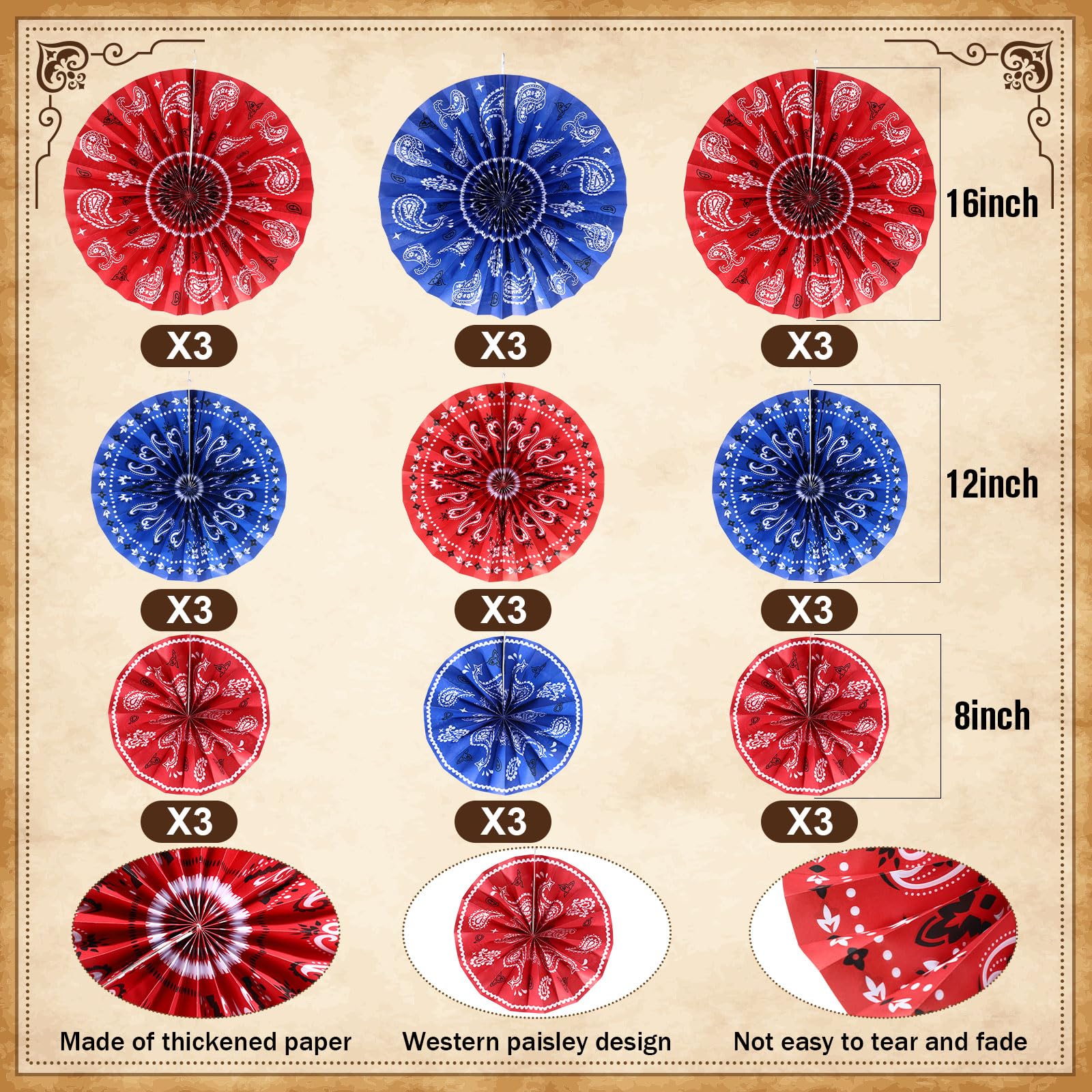 Outus 9 Pcs Bandana Hanging Paper Fans Decorations Wild West Paper Fans Classroom Decorations Western Themed Ceiling Wall Garlan