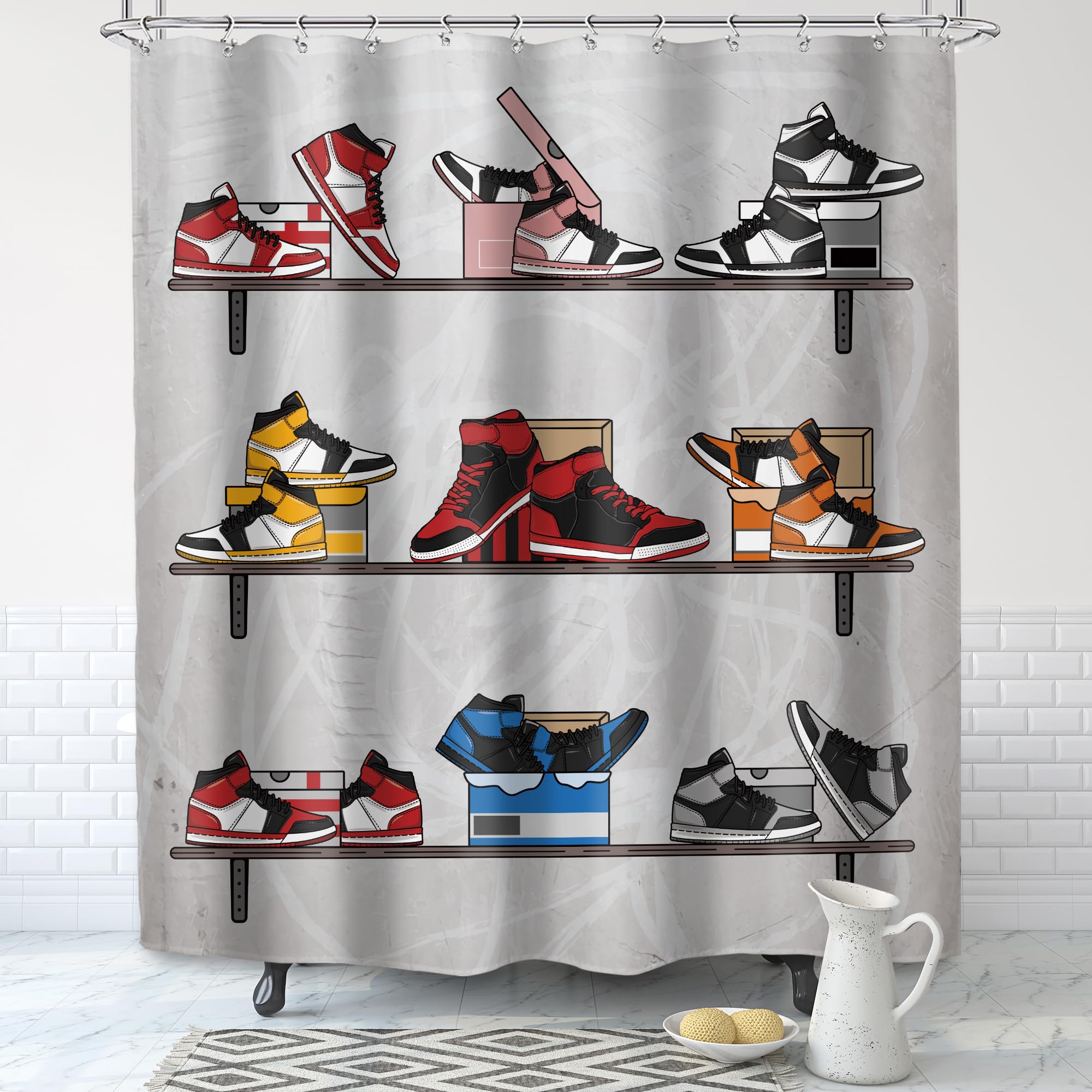 Svbright Retro Basketball Shoes Shower Curtain 60Wx72L Inch Sneaker Sports Footwear Theme Red Black For Boys Men Teens 12 Pack H