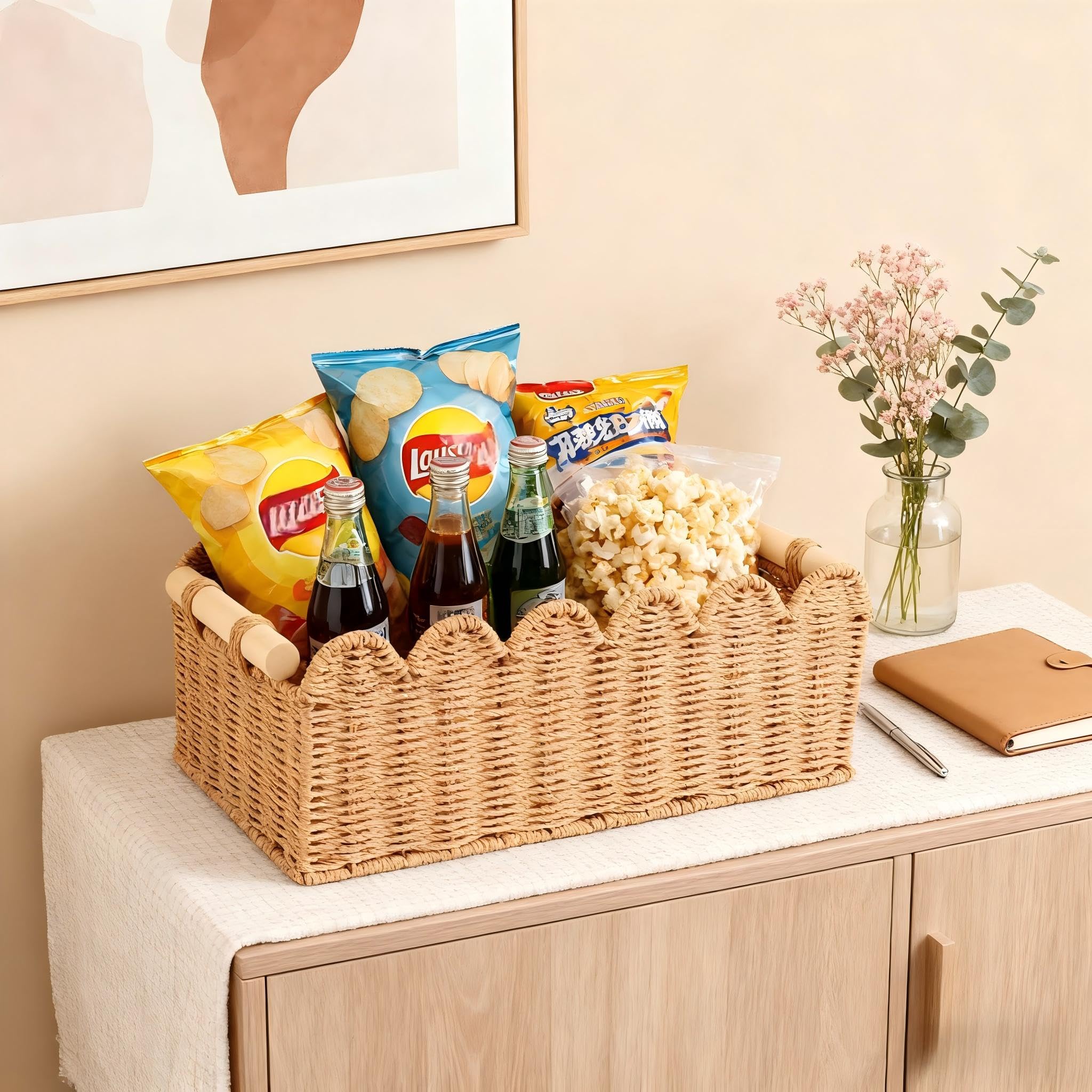 Quincry Scalloped Edge Organizer Basket for Toilet Tank Top with Wooden Handle, Wicker Storage over Above Behind Flush Tank, Han