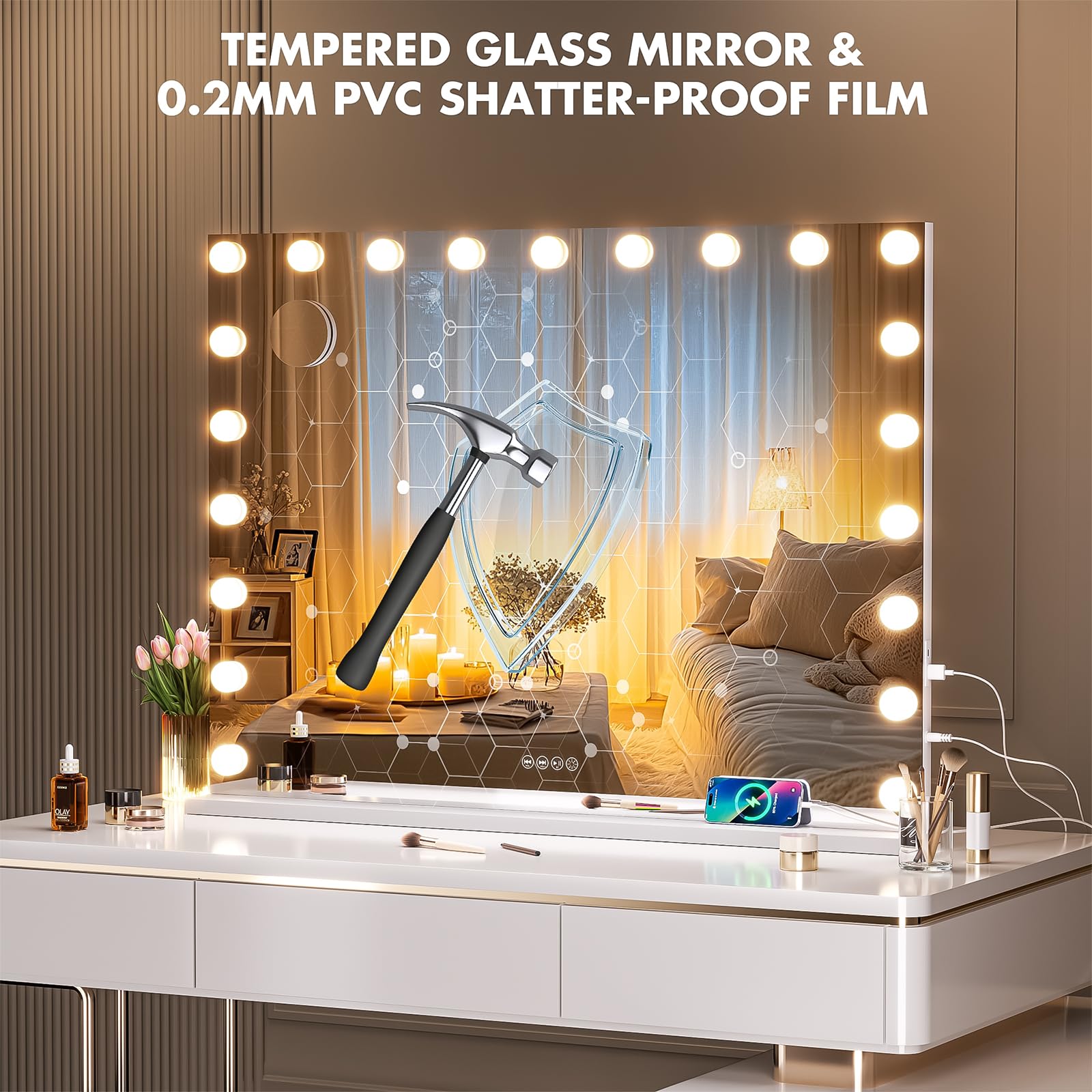 Hasipu Vanity Mirror With Lights And Bluetooth Speaker, 40'' X 29'' Hollywood Makeup Mirror With 21 Dimmable Bulbs And 10X Magni