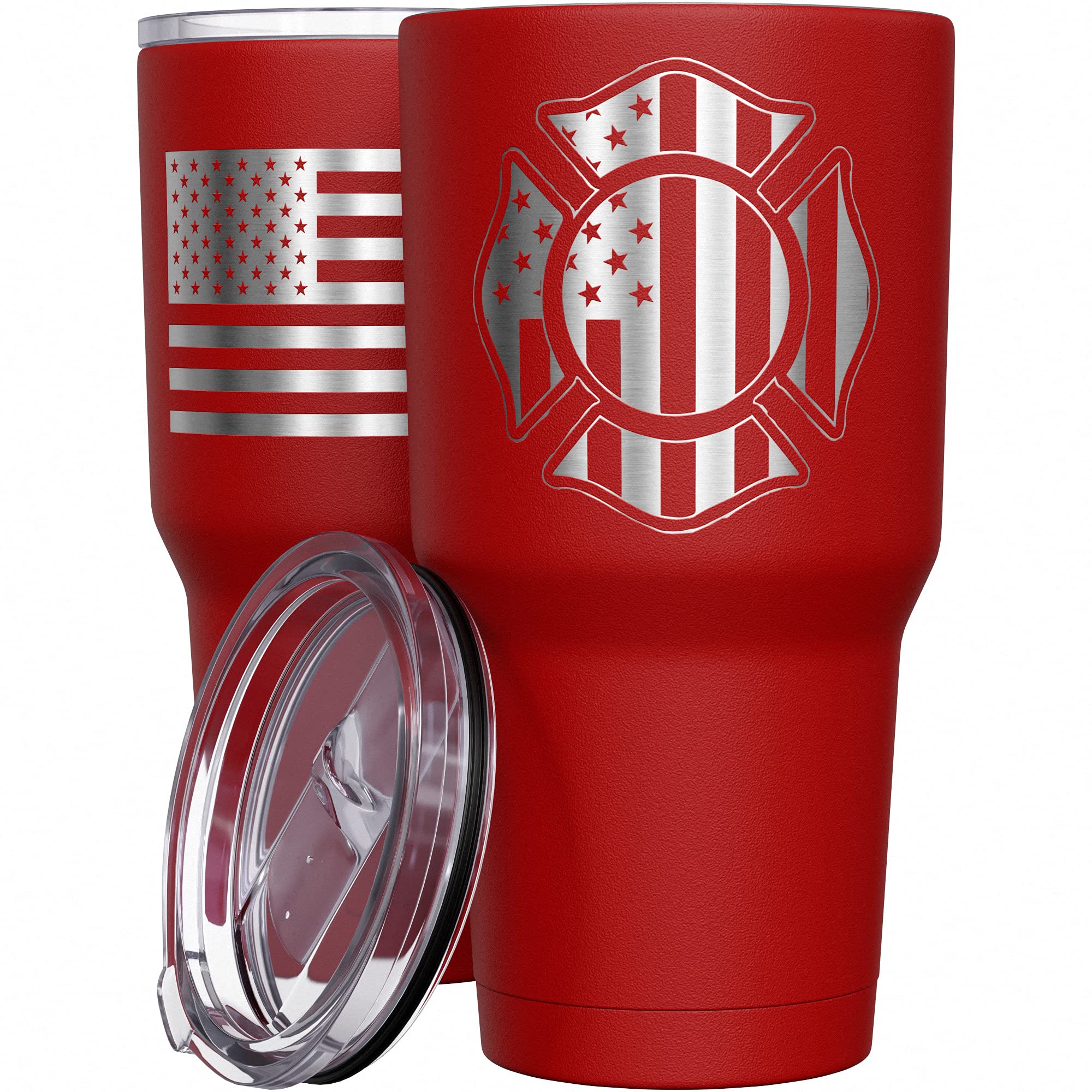 We The People Holsters - Firefighter Shield - Coffee Tumbler - American Flag Coffee Travel Mug - Engraved Tumbler - Double Insul