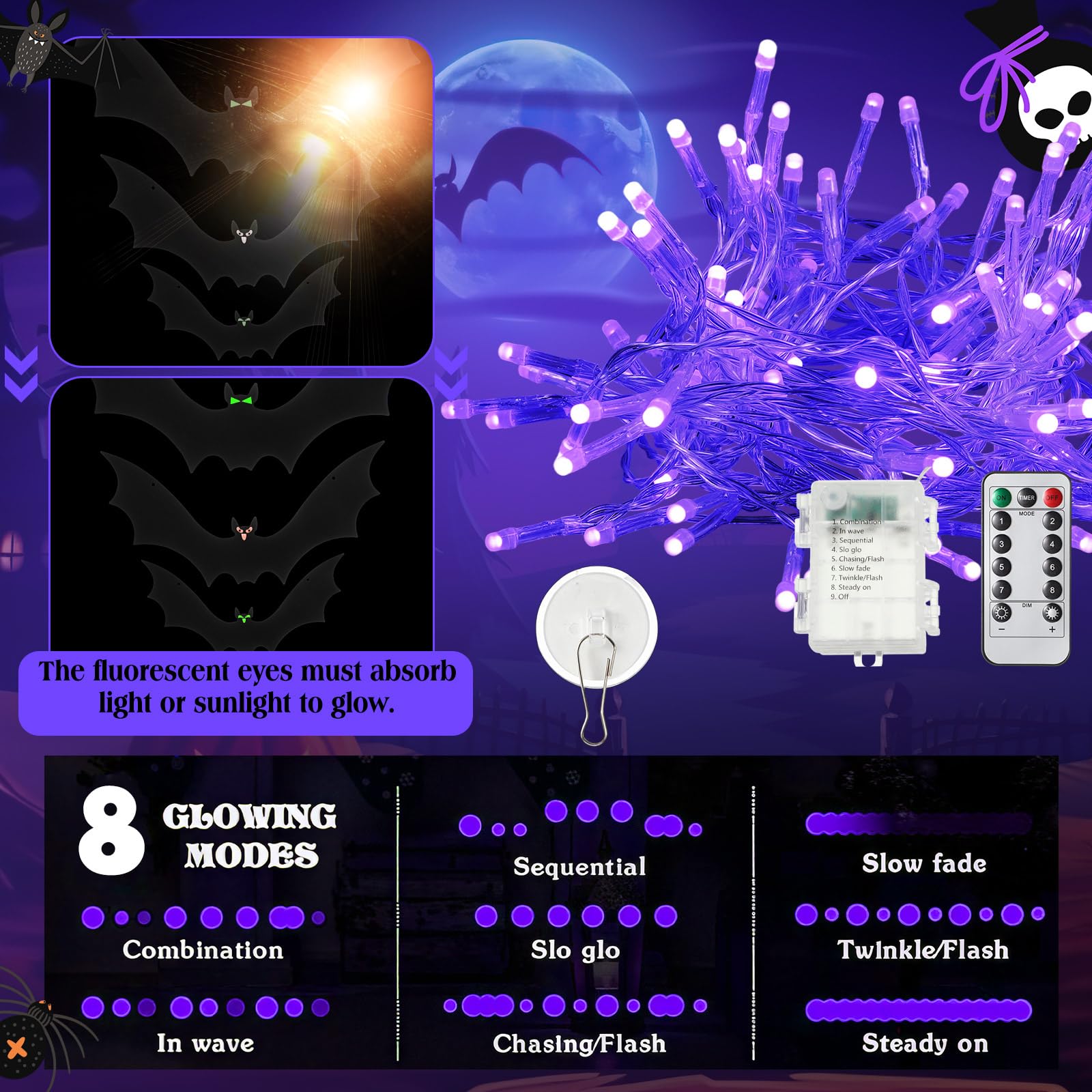 Pinkunn Halloween Decorations String Lights and 30 Pcs Hanging Bats Set Battery Operated Powered, 32 ft 100 Count LED String War