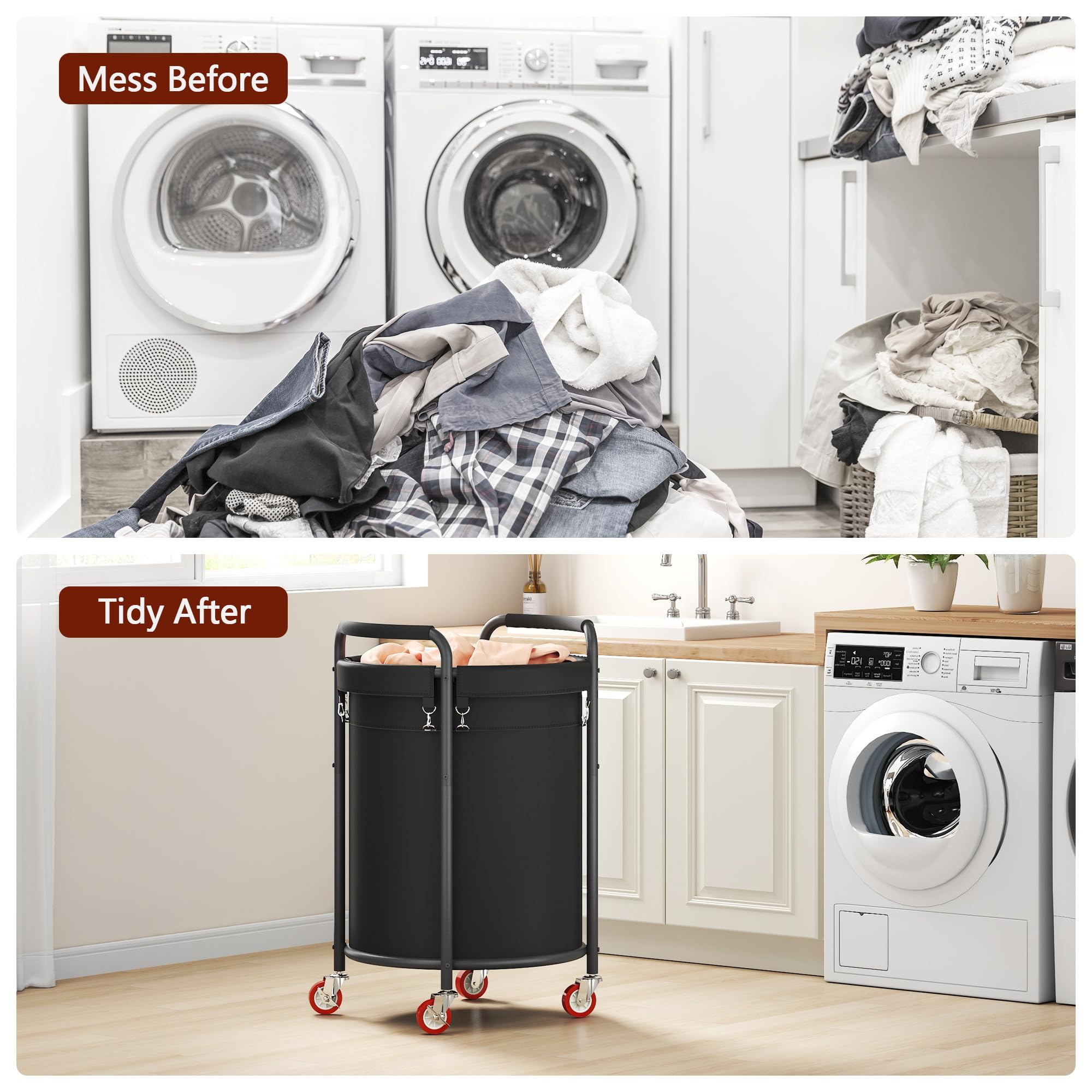 190L 2 Section Laundry Basket With Wheels, 50 Gal., Rolling Laundry Hamper, Round Laundry Sorter Cart With Handle, Steel Frame A