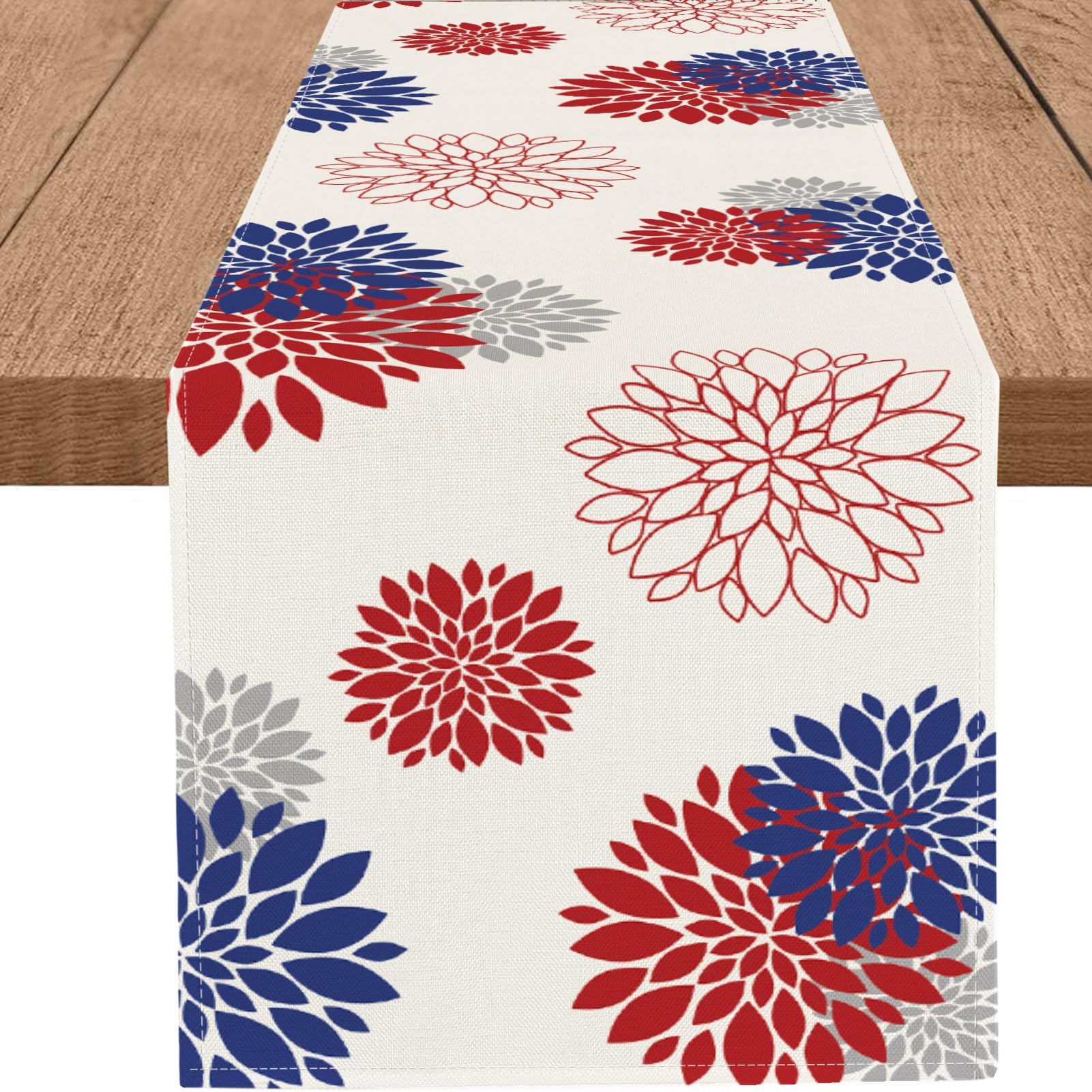 WHOMEAF 4th of July Independence Day Table Runner God Bless America Blue Red Dahlia Flower Table Runners Memorial Day Modern Tab