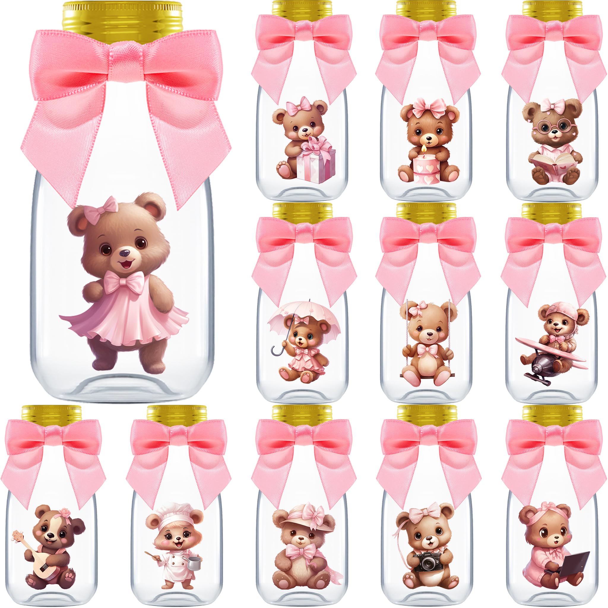 Ethisa Small 12 Pack We Can Bearly Wait Party Favors for Girl - Candy Jars with Ribbon and Stickers - DIY Party Decoration Bottl