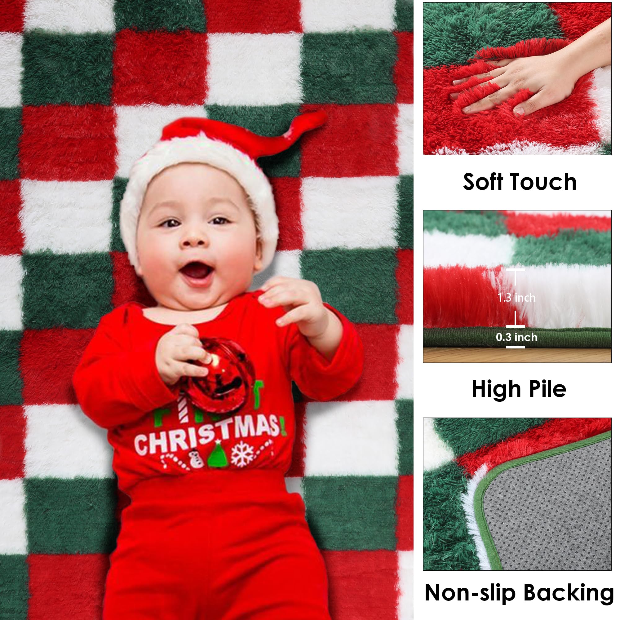 KICMOR Christmas Rug for Living Room, Fluffy Soft 5x8 Area Rug Red Green White Checkered Shag Shaggy Fuzzy Bedroom Carpet, Indoo