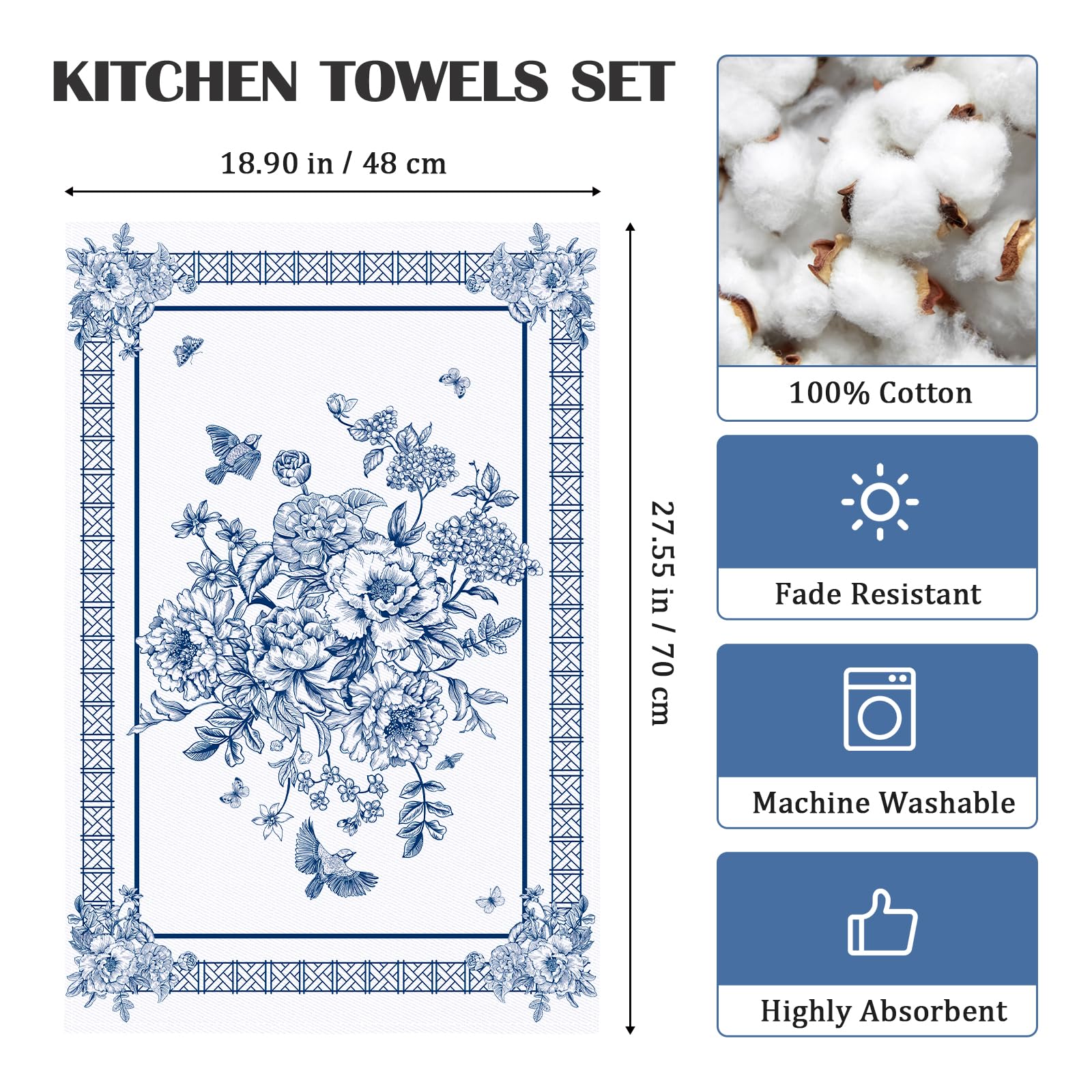 Arquiel Chinoiserie Floral Tea Towels, Cotton Kitchen Towel 18.9    27.5 Inch, Quick Drying Dish Cloth For Party Anniversary Hol