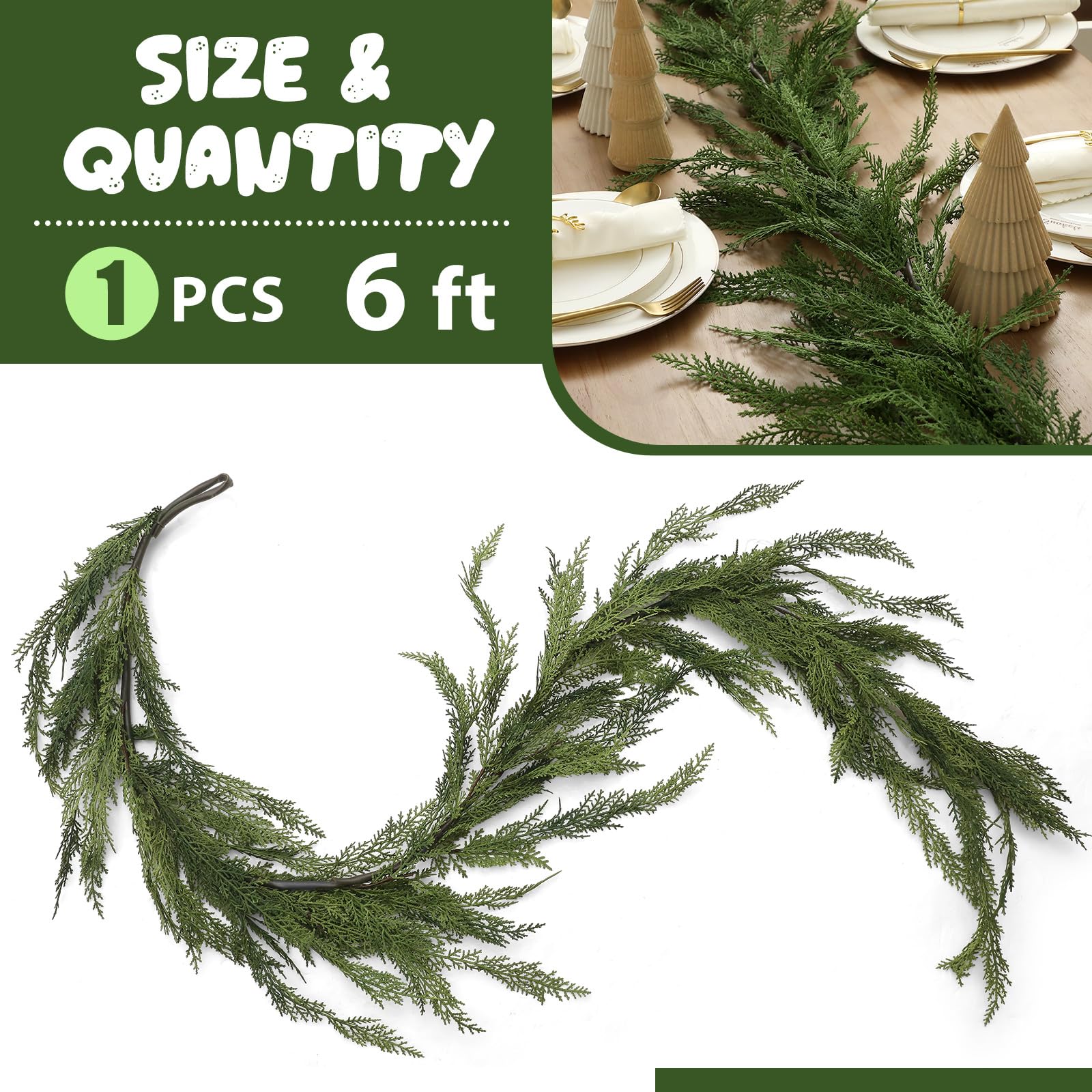 Jutom 1 Pcs 6 ft Christmas Cedar Garland - Artificial Realistic Faux Greenery Cedar Pine Garland for Home Fireplace, Door, Windo