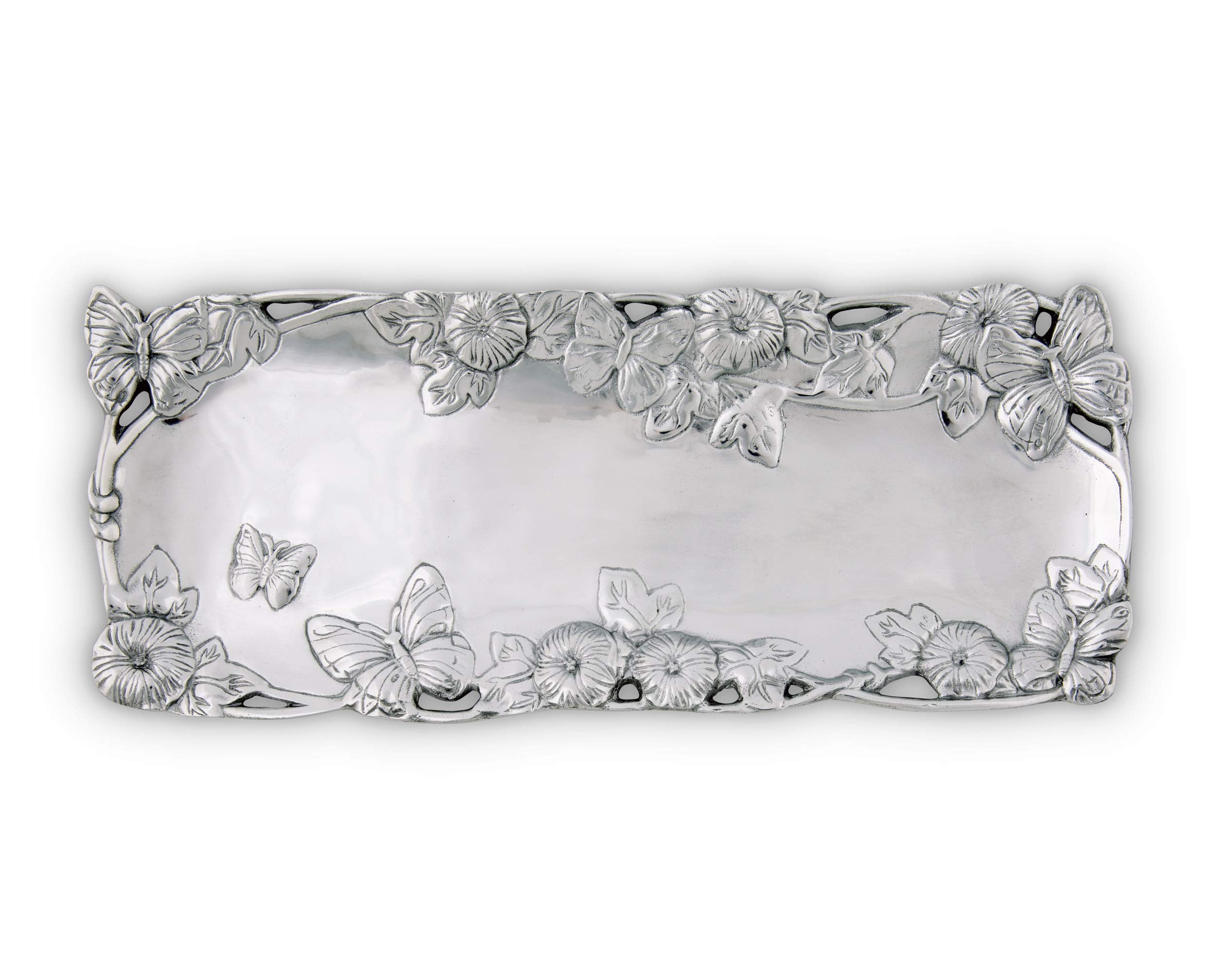 Arthur Court Aluminum Butterfly Small Oblong Tray 19 X 7.5 Inch - Handcrafted With Garden Motif, Mirror Finish, Perfect For Ente