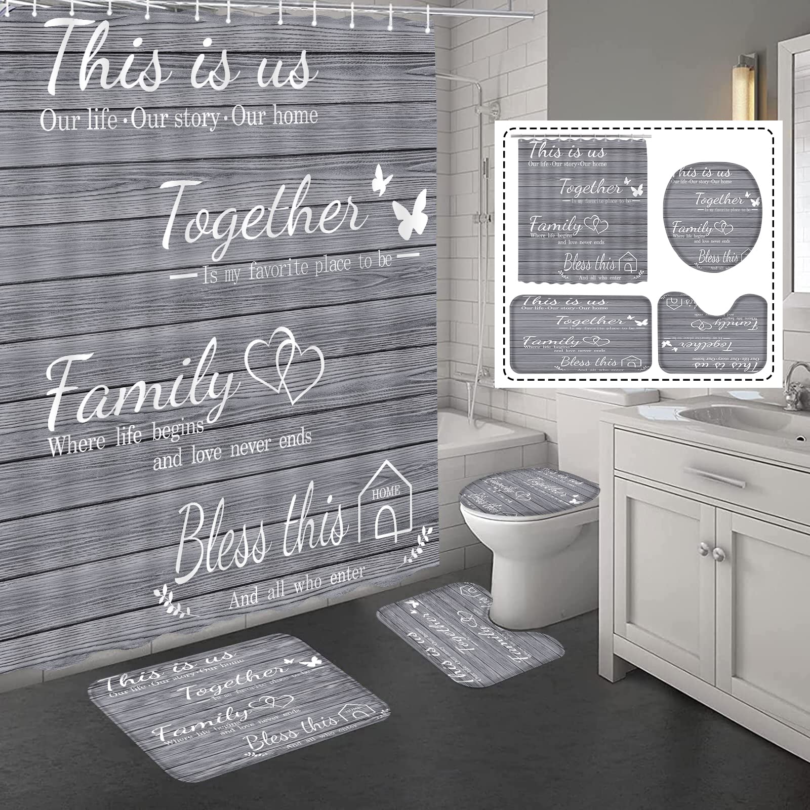 Juwute 4Pcs Family Shower Curtain Sets With Non-Slip Rugs, Toilet Lid Cover And Bath Mat, Grey Home Bathroom Decor Set Accessori
